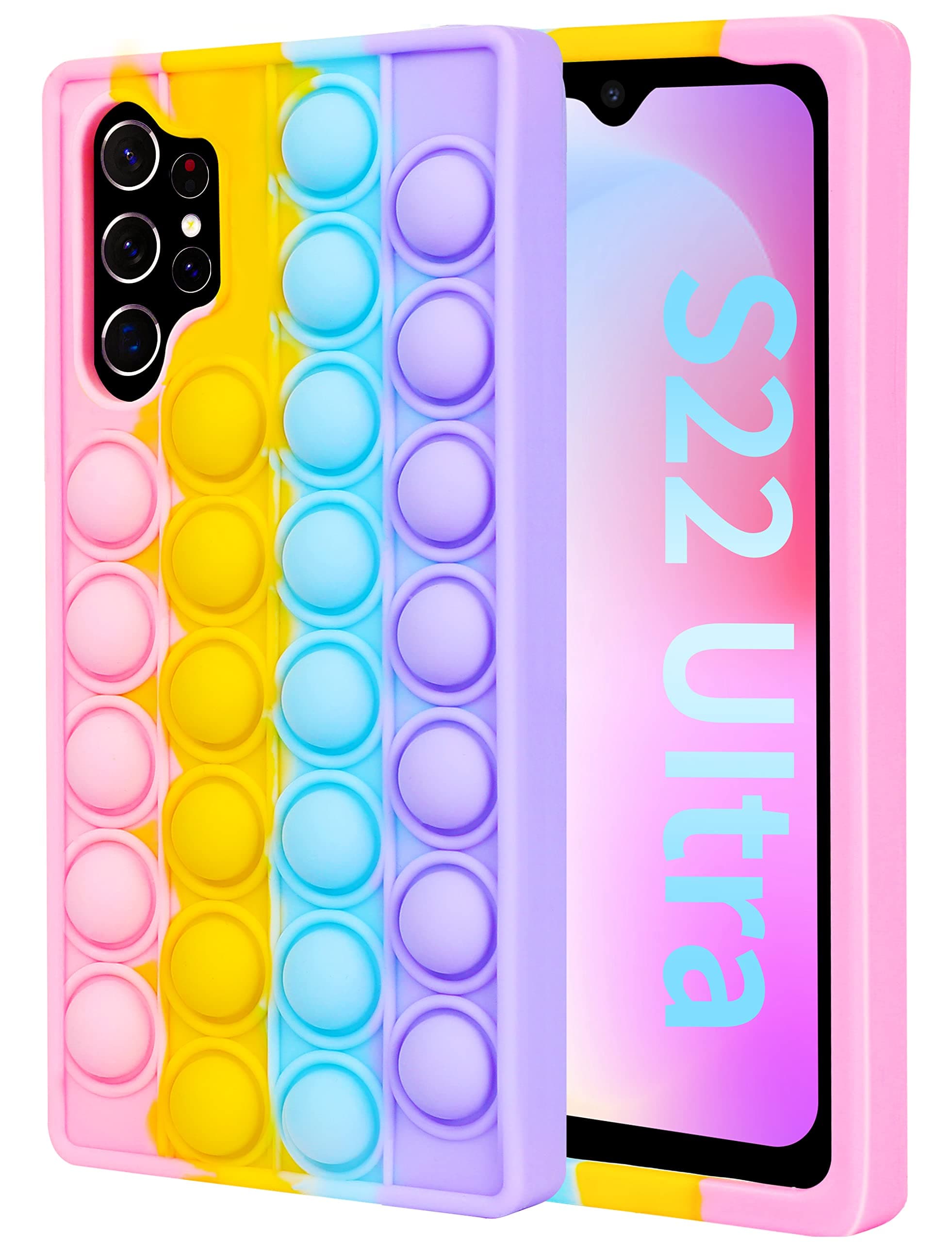Toycamp Fidget it Case for Samsung Galaxy S22 Ultra 5G 6.8 Inch Cute Silicone Girls Push Bubble Wrap Phone Cases Funny Cartoon Fun Cover Teens Boys Color Rainbow Unique for S22 Ultra 5G