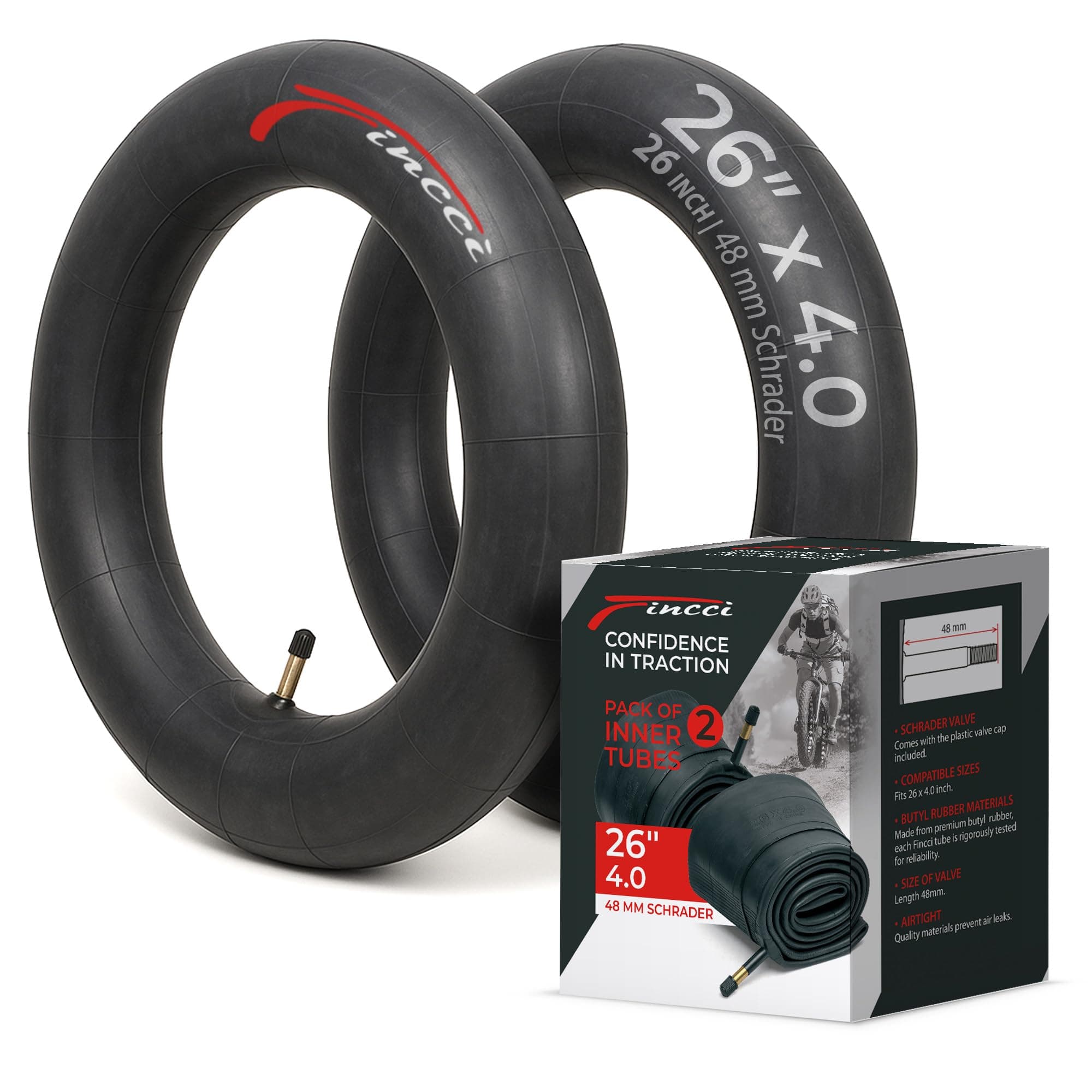 Fincci Fat Bike Inner Tubes 26 x 4.0 - Pair 100-559 mm with 48mm Schrader Valve - For Fat Tire and Mountain, Electric & Road Bicycles - Suitable for Sand, Snow, Dirt & Trail Use- Pack of 2 accessories