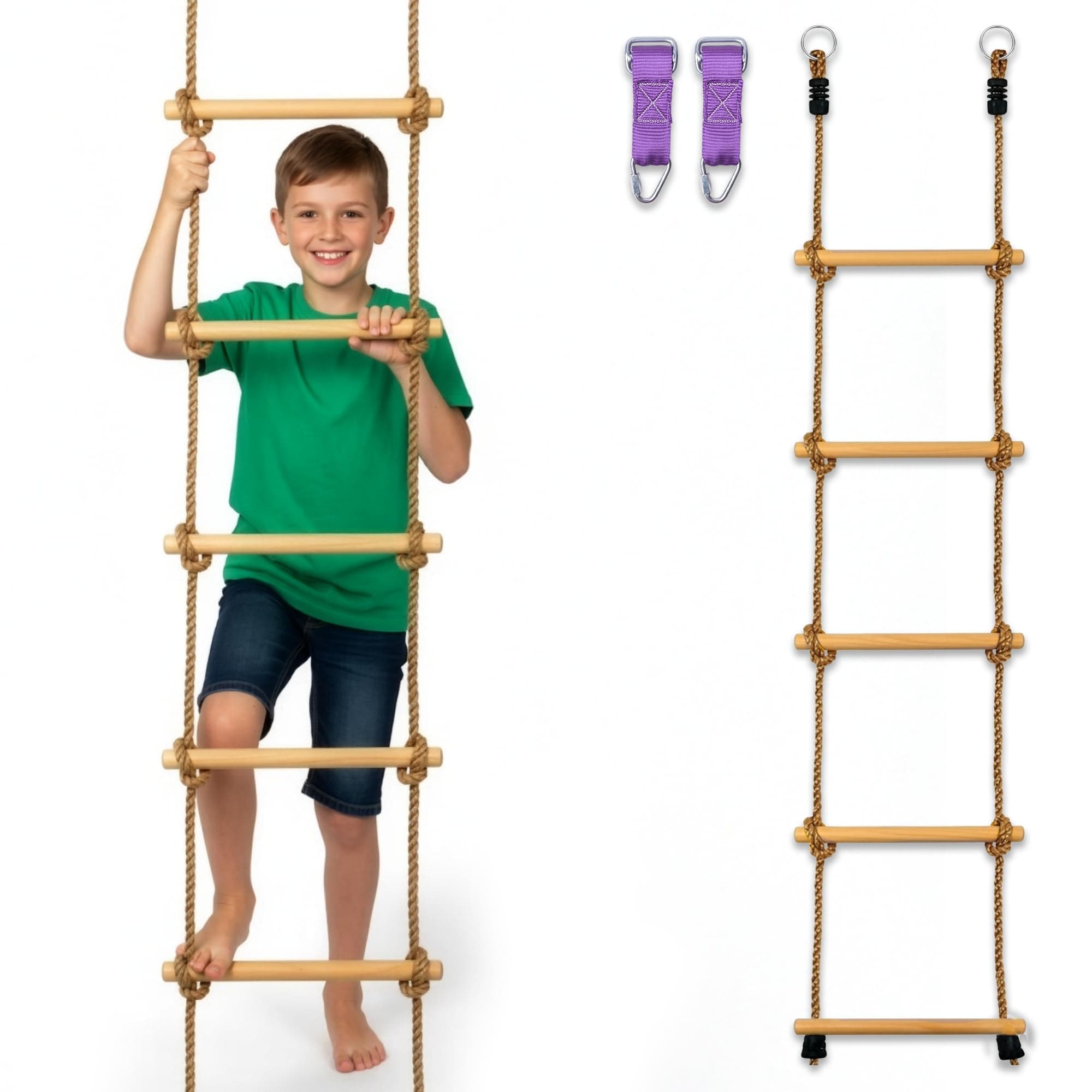 Wooden Rope Ladder for Kids – 6ft Outdoor Climbing Ladder with Real Wood Rungs, Heavy-Duty Rope & 2 Carabiners – Treehouse, Swing Set, Ninja Course & Playground Accessory