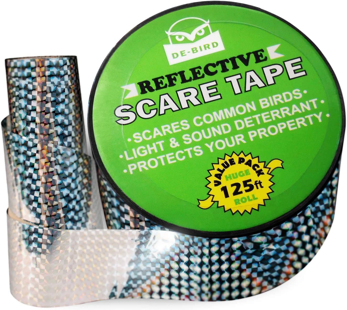 De-BirdScare Tape - Reflective Tape Outdoor to Keep Away Woodpecker, Pigeon, Grackles, and More. Stops Damage, Roosting, and Mess (125ft Roll)