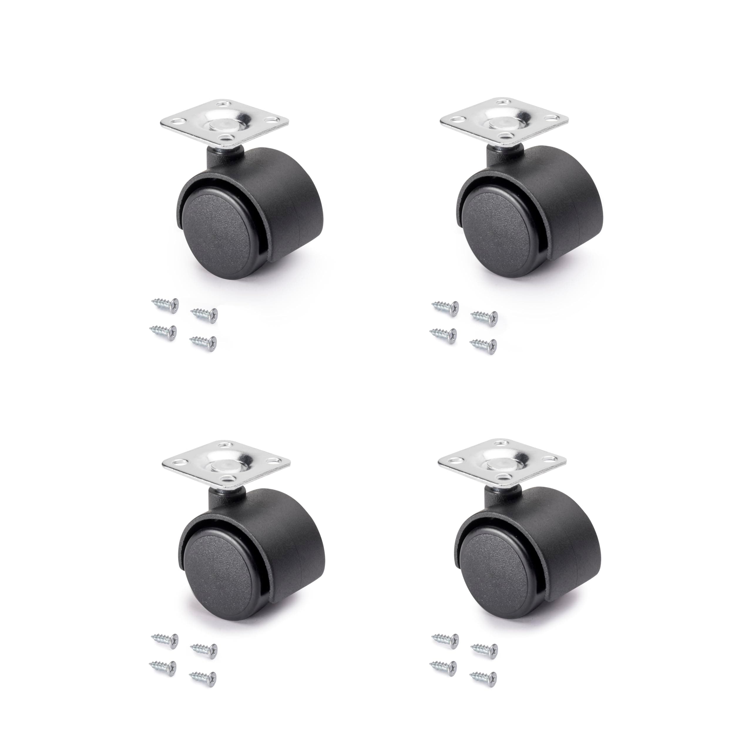 Emuca - black swivel castors for furniture without brake 30mm diameter with fixing plate and ball bearings, Pack of 4