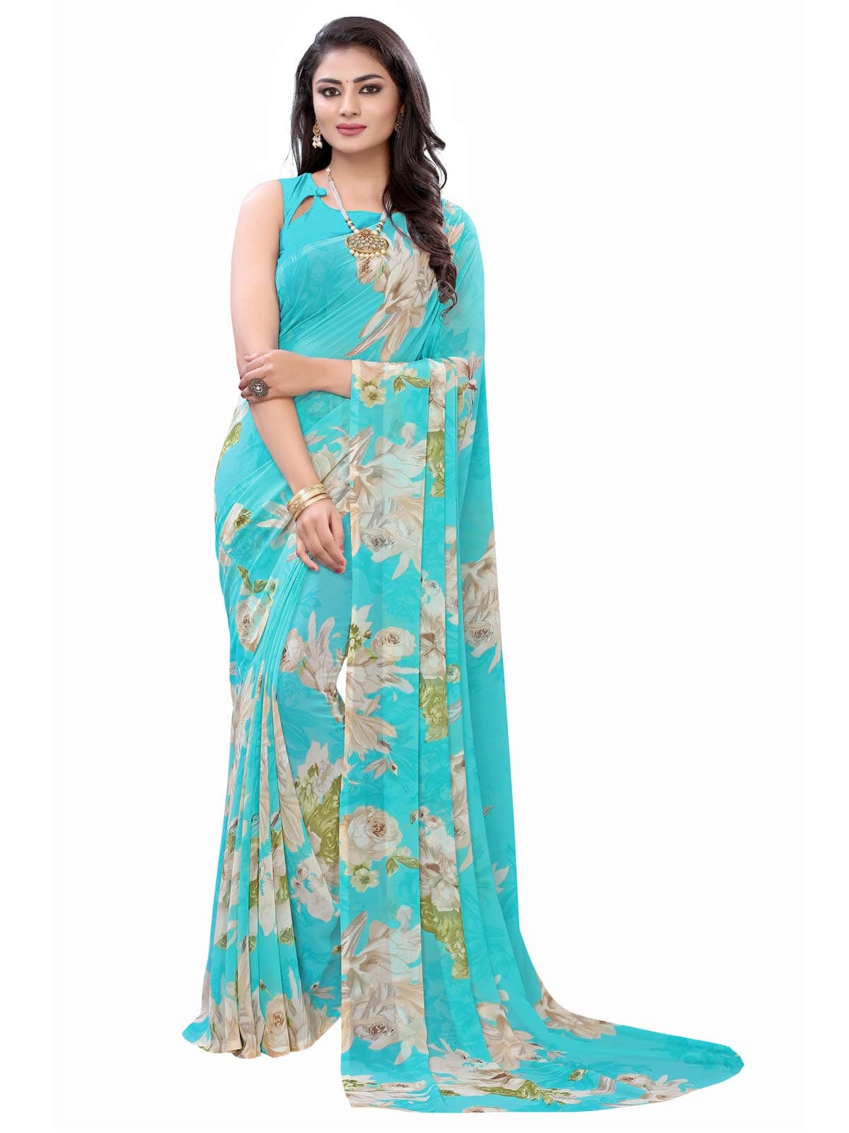 Georgette Women's Sari with Blouse, Aqua Blue, 5.5 Meters