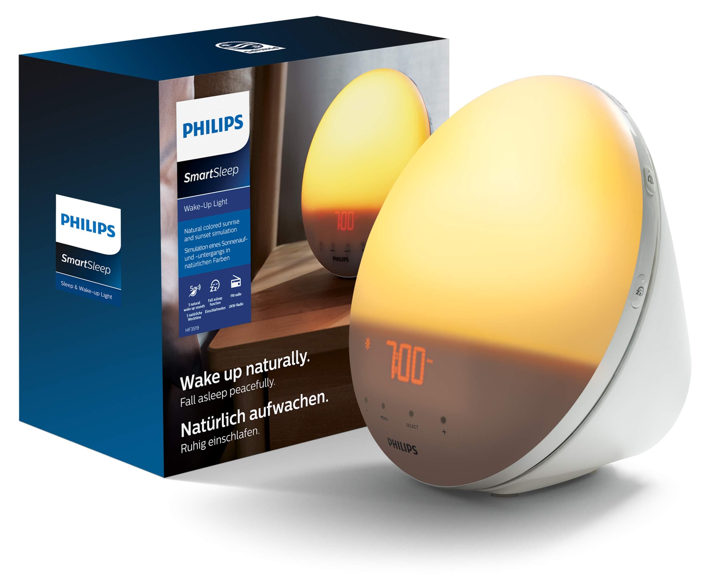 Wake Up Light, White, 5 Natural Alarm Sounds, Sunrise Simulation, Midnight Light, HF3519/01
