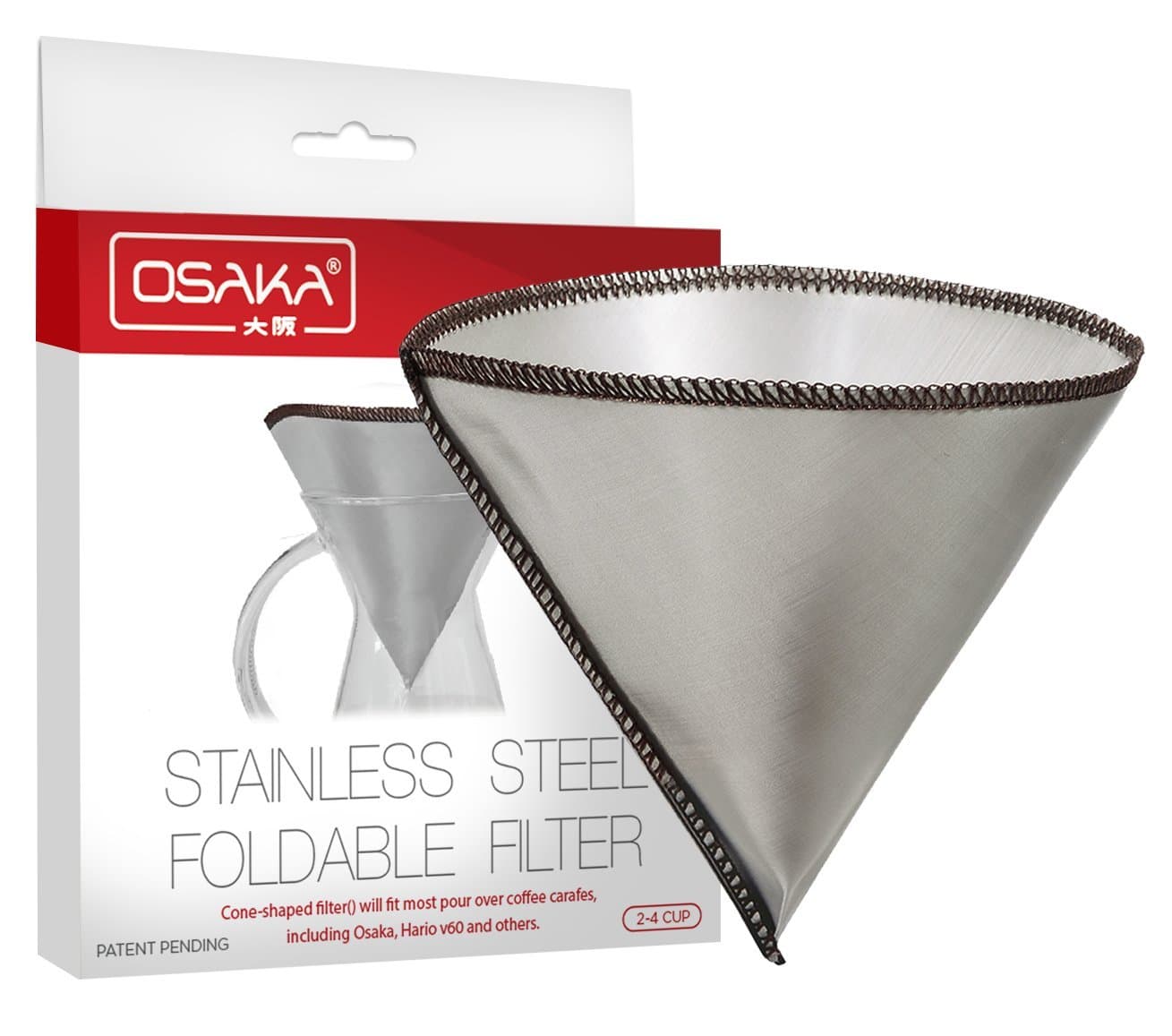 Osaka Foldable Stainless Steel Mesh Coffee Filter, Reusable and Paperless Pour Over Cone Shaped Filter for Osaka, Chemex, Hario, Bodum and Other Carafes - Eco-Friendly