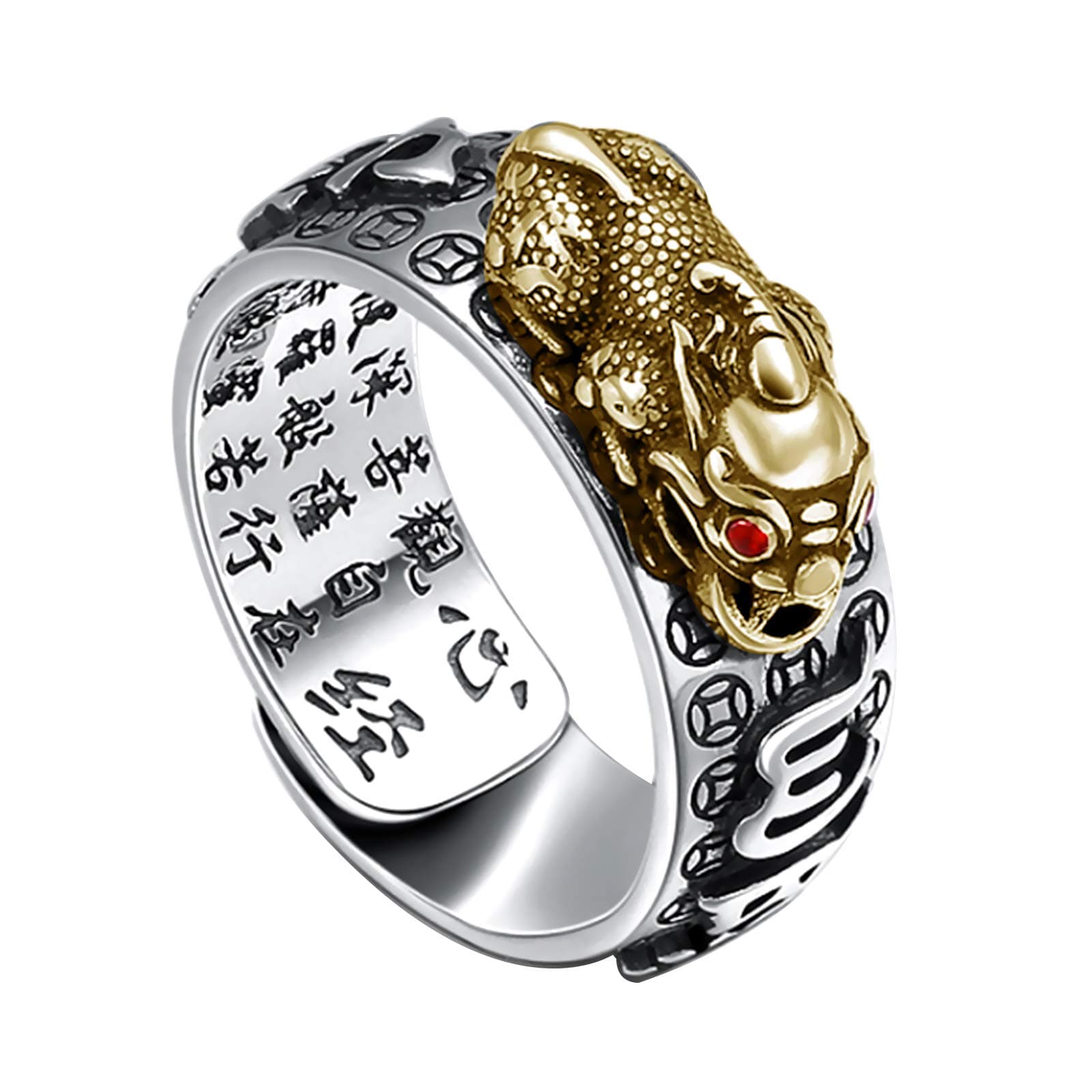 HJ HUAJ 990 Silver Feng Shui PiXiu Adjustable Ring MANI Mantra Protection Wealth Ring