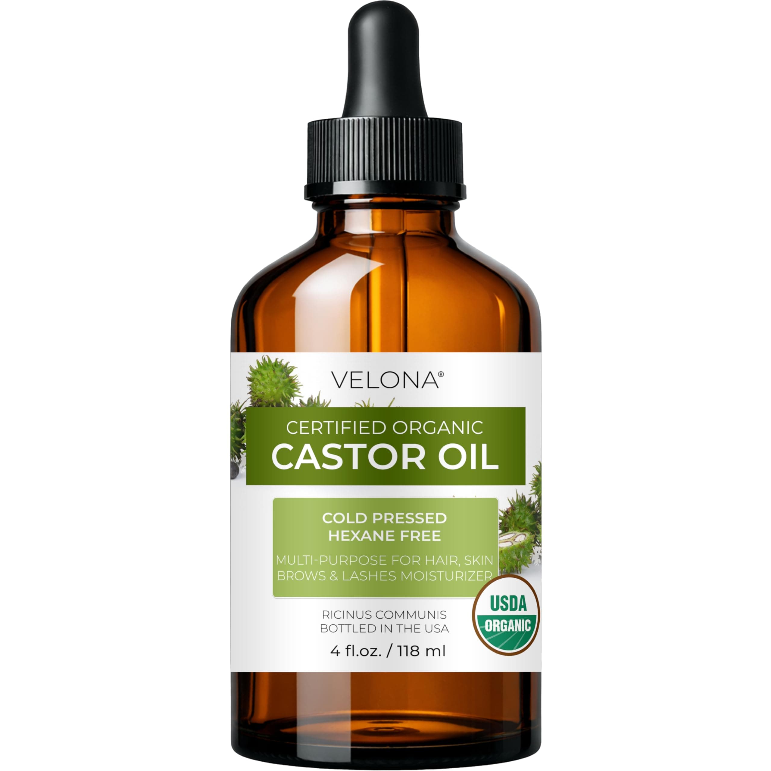 velona USDA Certified Organic Castor Oil - 4 fl oz (With Dropper) | For Hair, Boost Eyelashes, Eyebrows | Cold pressed, Natural Oil USP Grade | Hexane Free