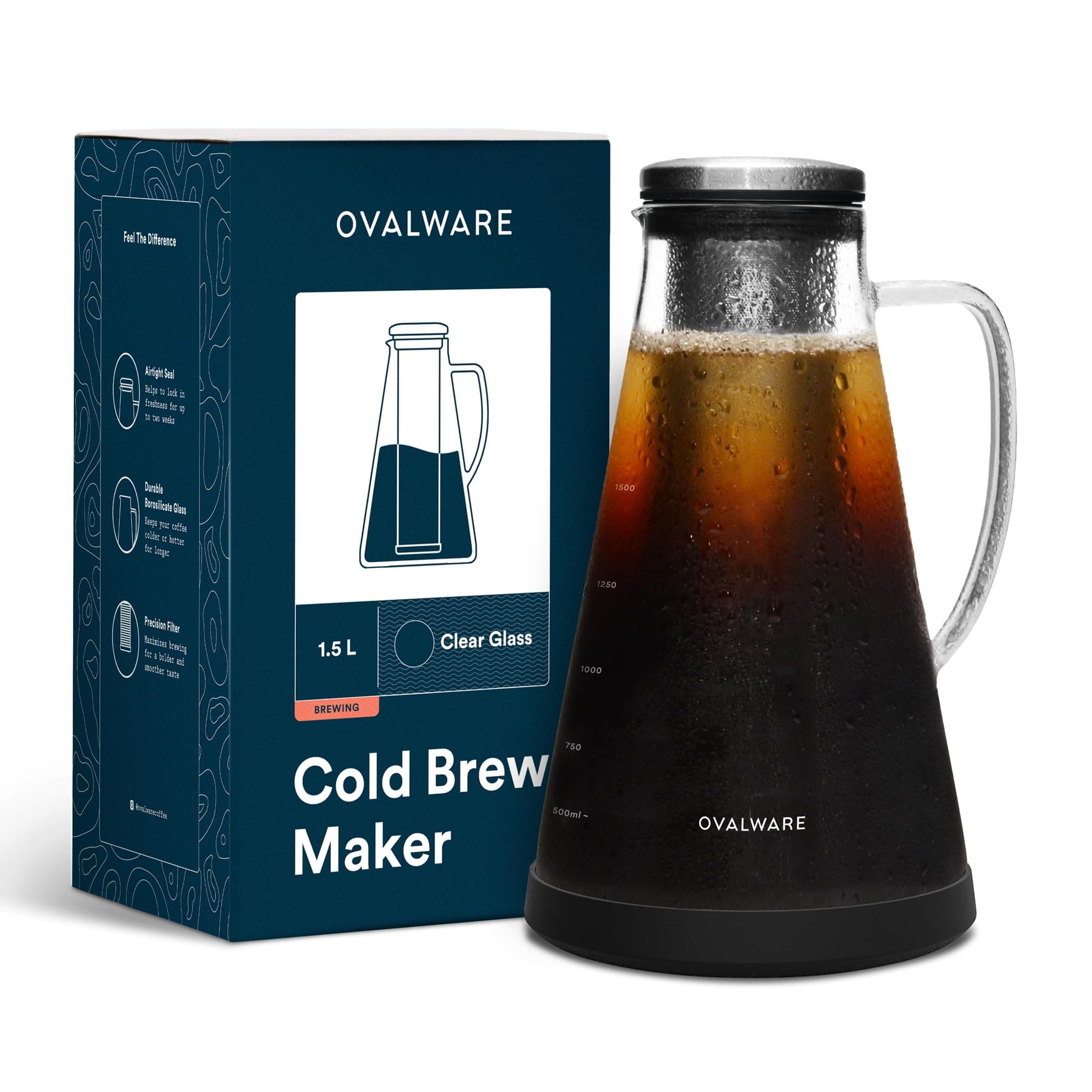 OVALWARE Airtight Cold Brew Iced Coffee Maker Pitcher (& Iced Tea Maker) with Spout – 1.5L/ 51oz Brewing Glass Carafe with Removable Stainless Steel Filter