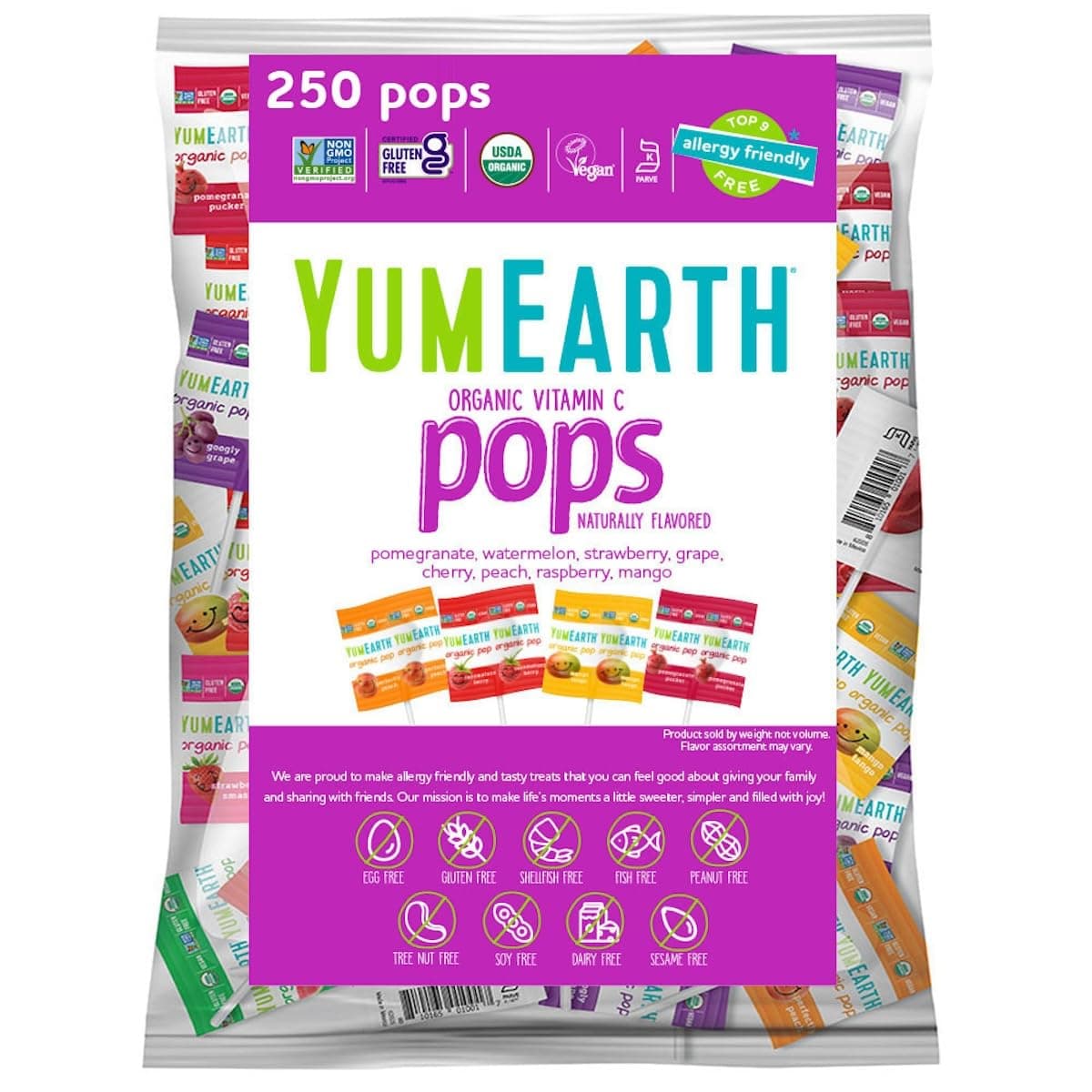 Organic Vitamin C Lollipops Variety Pack - Fruit Flavored Natural Hard Candy Suckers, Gluten-Free Lollipops for Kids - Allergy Friendly, Non-GMO, Vegan, No Artificial Flavors or Dyes - 250 Count