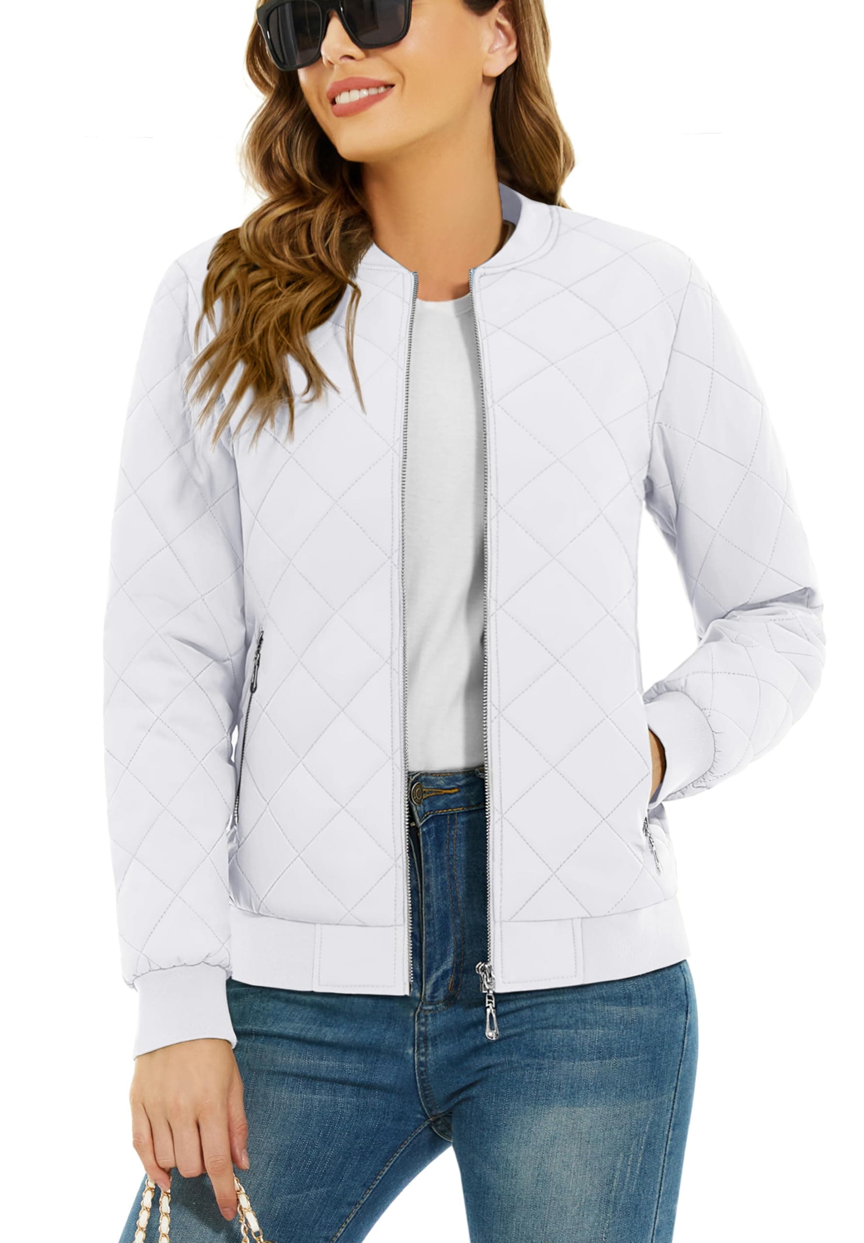 TACVASEN Women's Diamond Quilted Jackets Lightweight Casual Bomber Jacket Warm Winter Coats Full Zip with Pockets