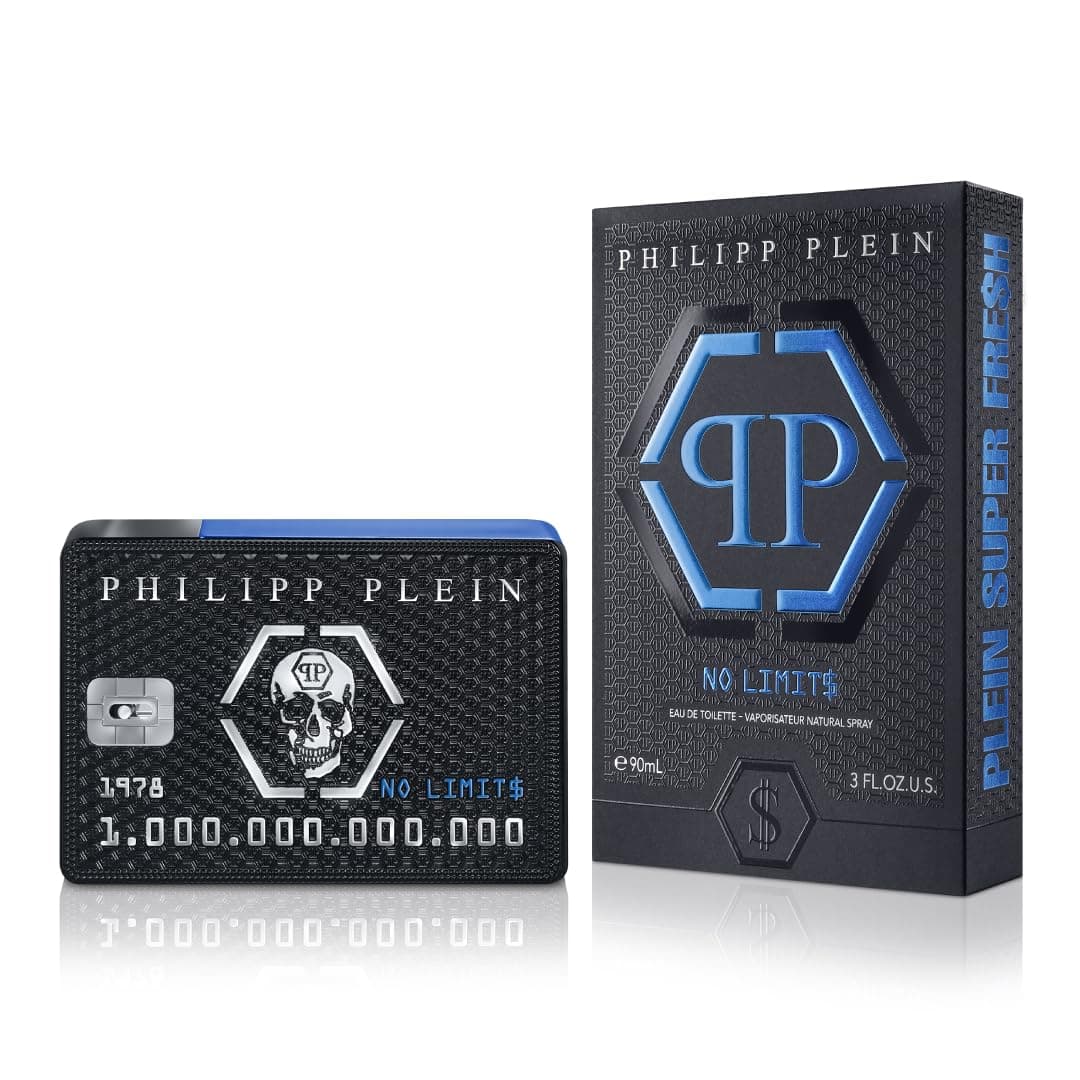 Philipp Plein No Limits Super Fresh Eau de Toilette 90 ml – Perfume for Men – Fresh and Woody Notes – A Wave of Energy, Hedonism and Success – Black and Blue Lacquered Glass Bottle