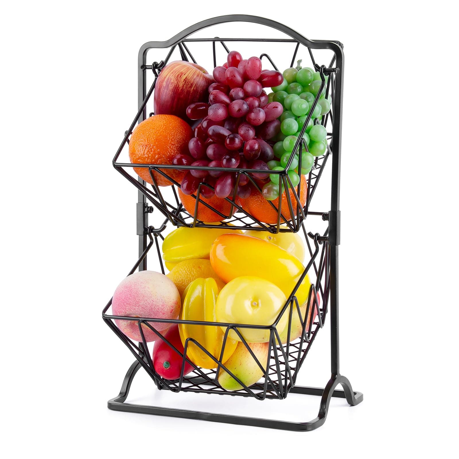 Wetheny 2 Tier Fruit Basket Fruit Bowl for Kitchen Counter,Bread,Fruit and Vegetable Holder Storage Basket,Wire Hanging Basket stand for Kitchen Organizer, Matte Black
