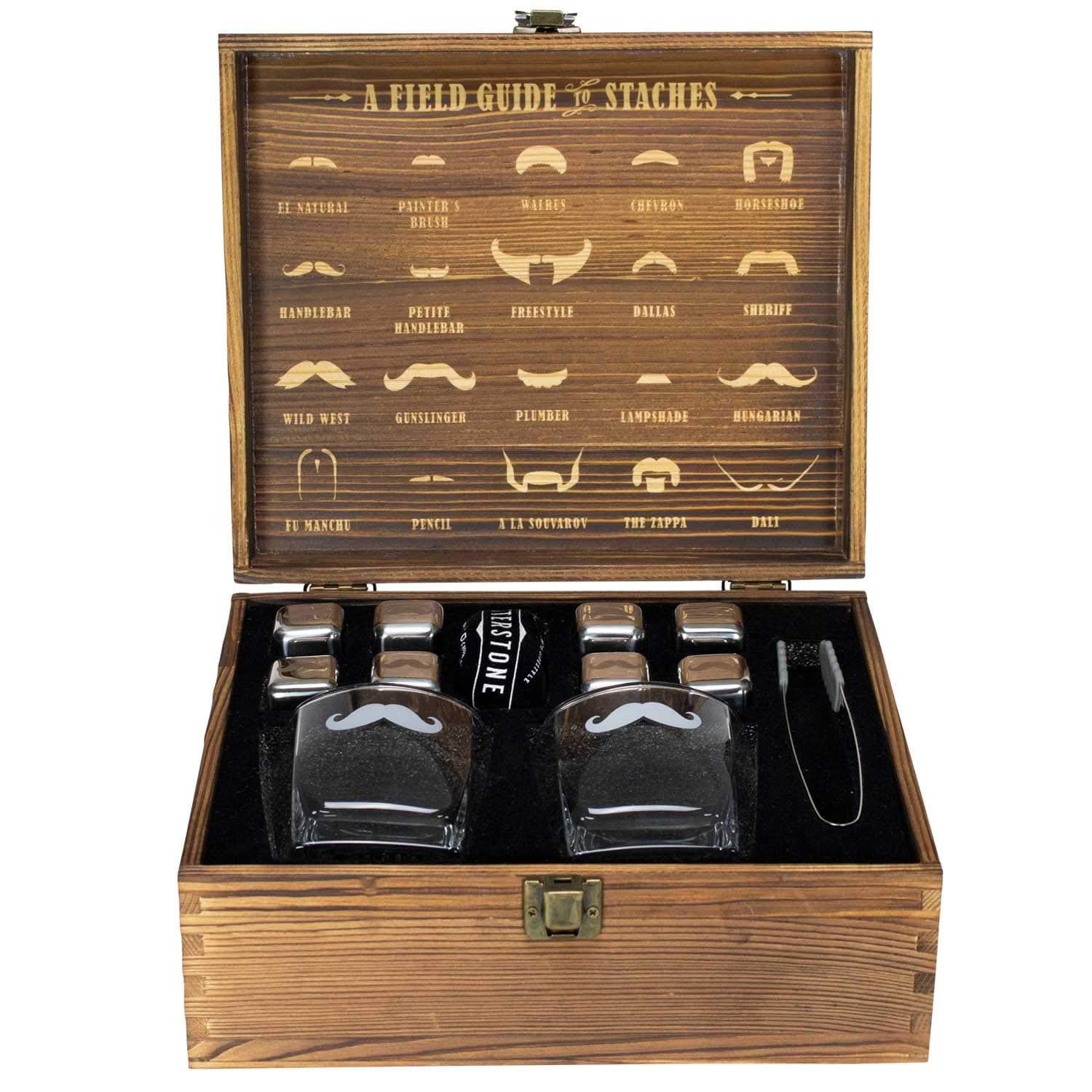 Whiskey Glass Box Set - Includes 2 Glasses, 8 Chilling Stones, Storage Bag, Silicone-Ended Tongs, and Wood Box with Etched interior/Gift Box Set