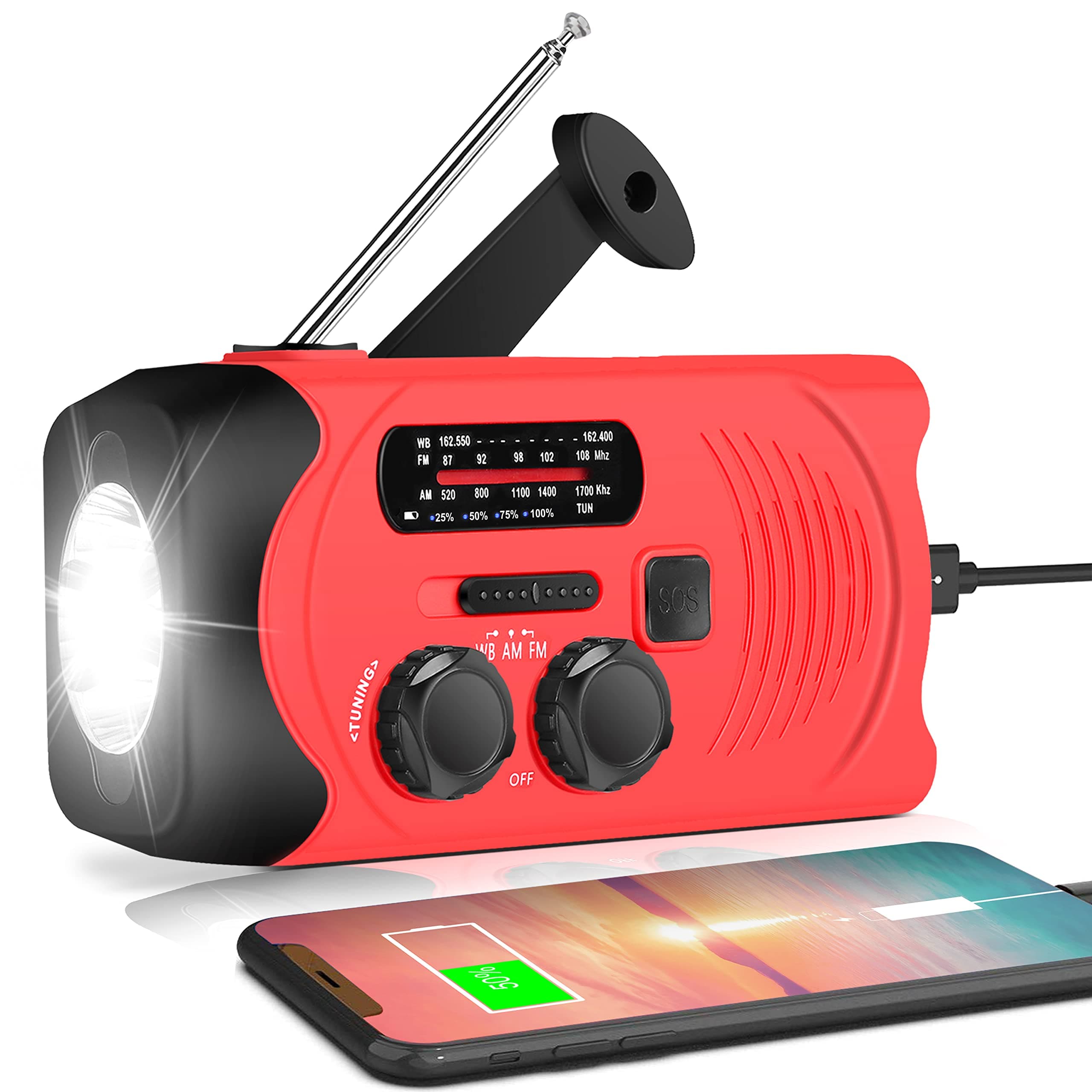 Emergency Crank Radio with 2000mAh Emergency Power Bank, AM/FM NOAA Solar Powered Crank Wind Up Radio with SOS Alarm, Bright Flashlight, Emergency Power Bank for Cellphone, Used for Outdoor&Emergency