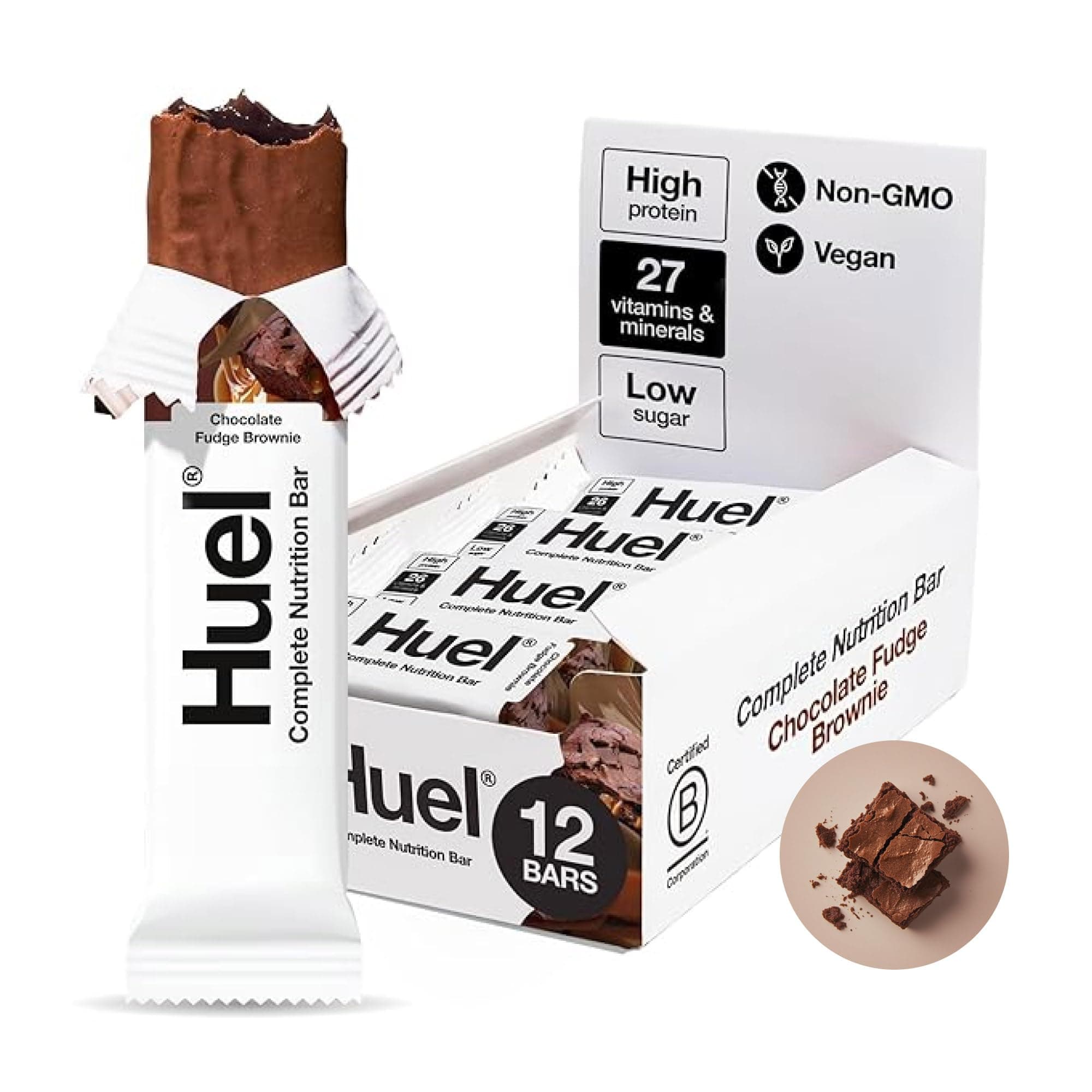 Huel Complete Nutrition Vegan Protein Bars | Fudge Brownie | 13g Protein | 27 Vitamins & Minerals, 2g Sugar, Non-GMO, 100% Plant Based Snack | 12 Pack