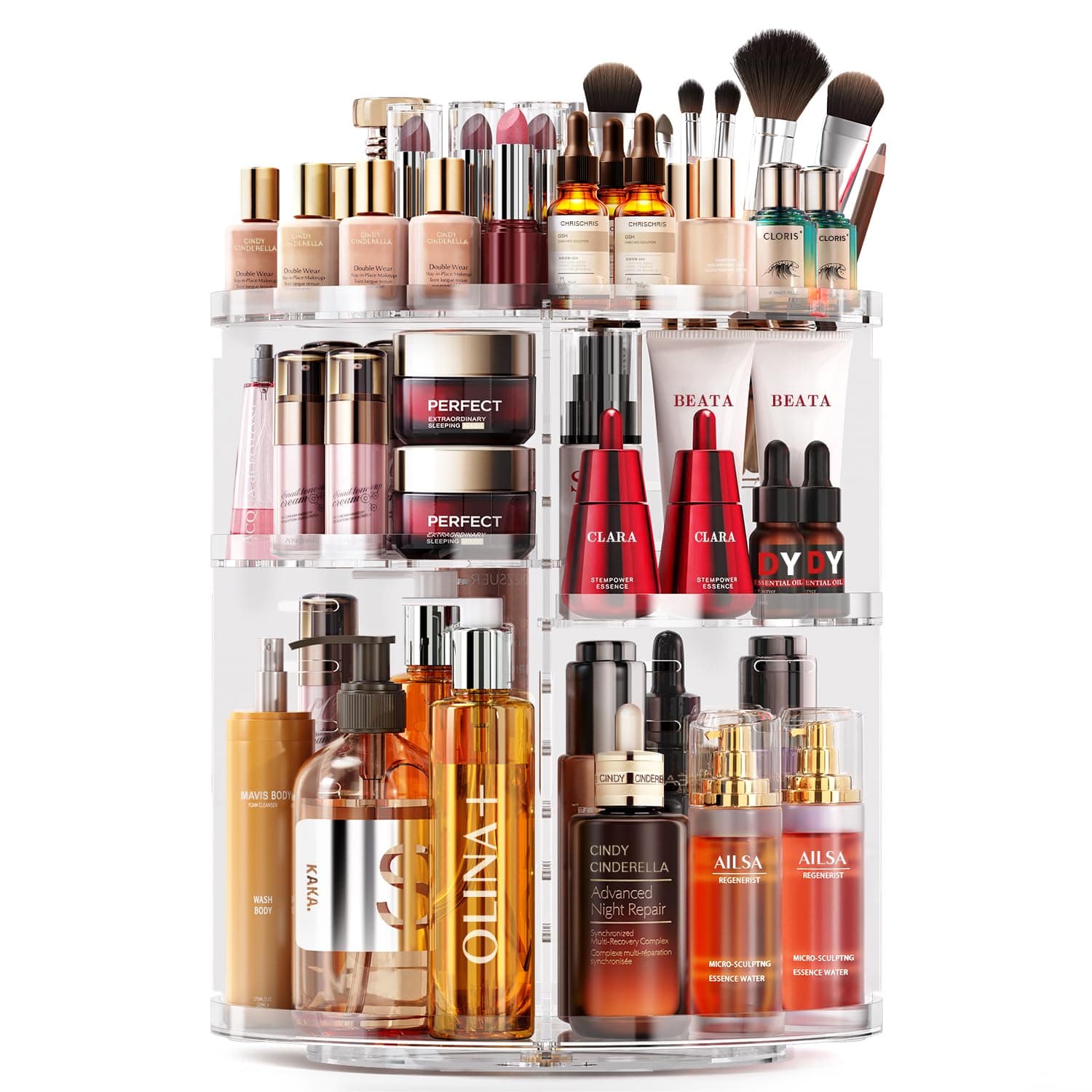 Rotating Makeup Organizer, DIY 7 Adjustable Layers Spinning Skincare Organizer, Bathroom Organizer with Brush Holder Perfume Tray, Multi-Function Storage Carousel for Vanity Bathroom Countertop