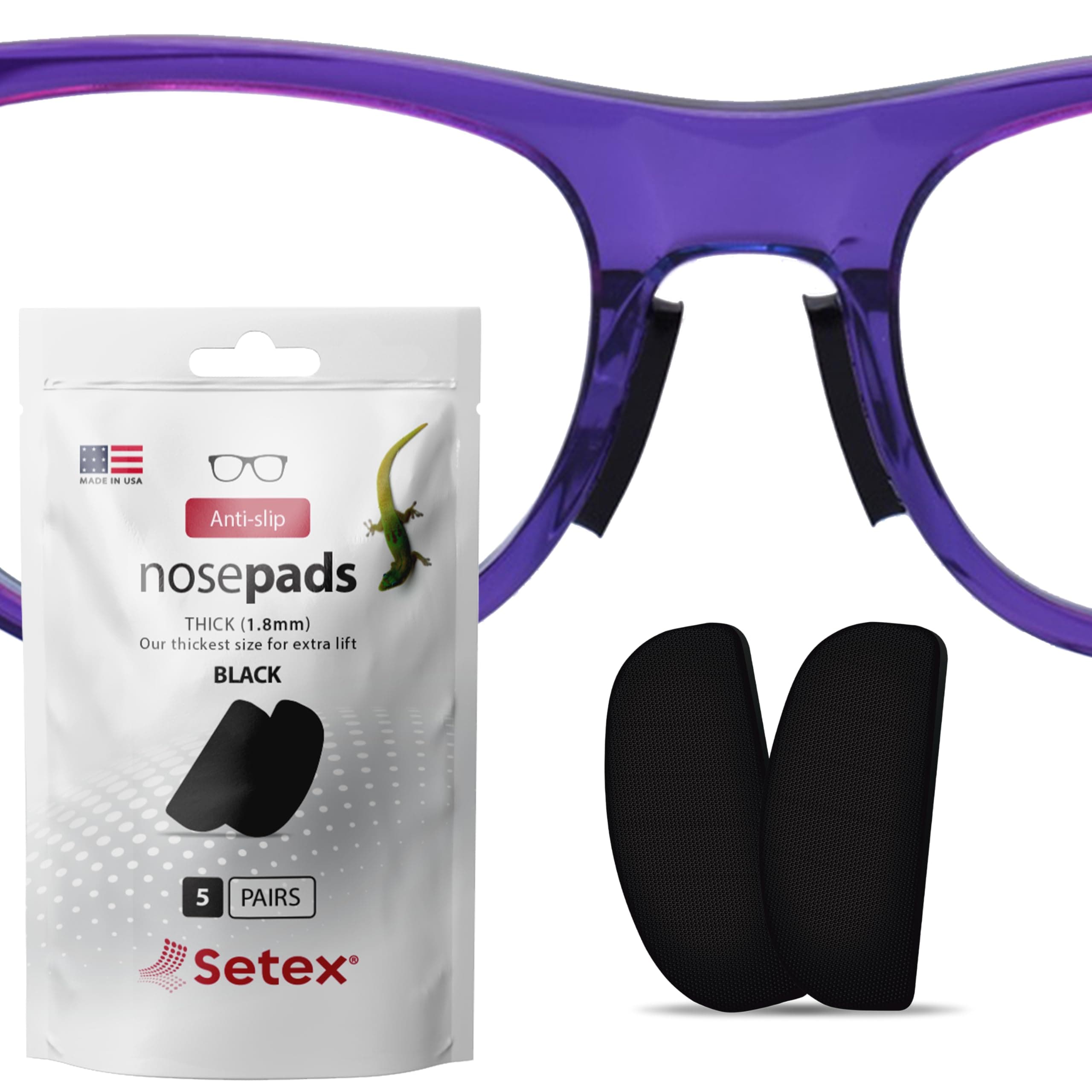Setex Gecko Grip 1.8mm Anti-Slip Nose Pads for Eyeglasses, (5 Black Pair) Micro-Structured Fibers