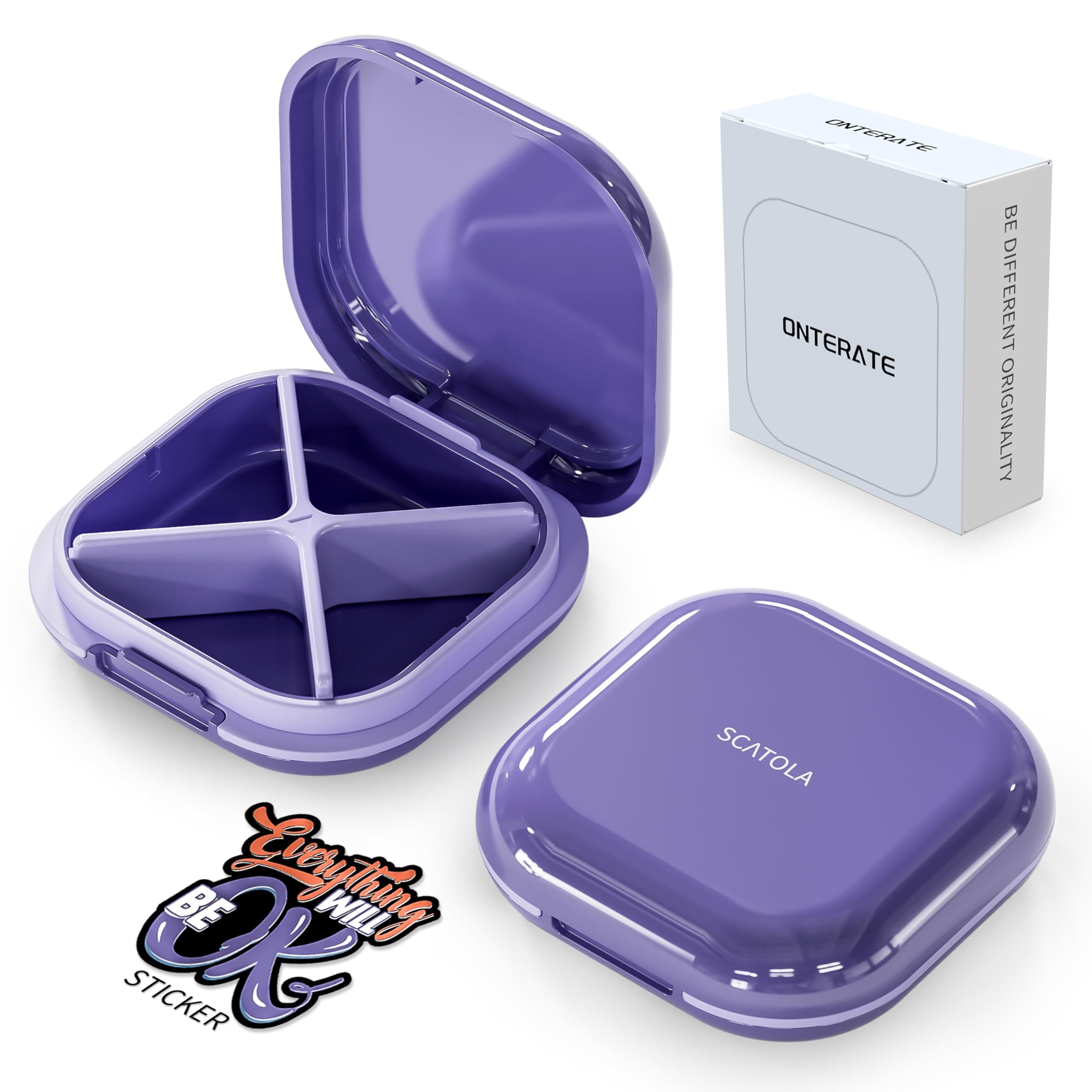 Small Pill Case, Travel Pill Box, Portable Pill Organizer, Pill Container for Pocket 4 Compartments, Daily Compact Travel Medicine Holder for Vitamins Medication (Purple)