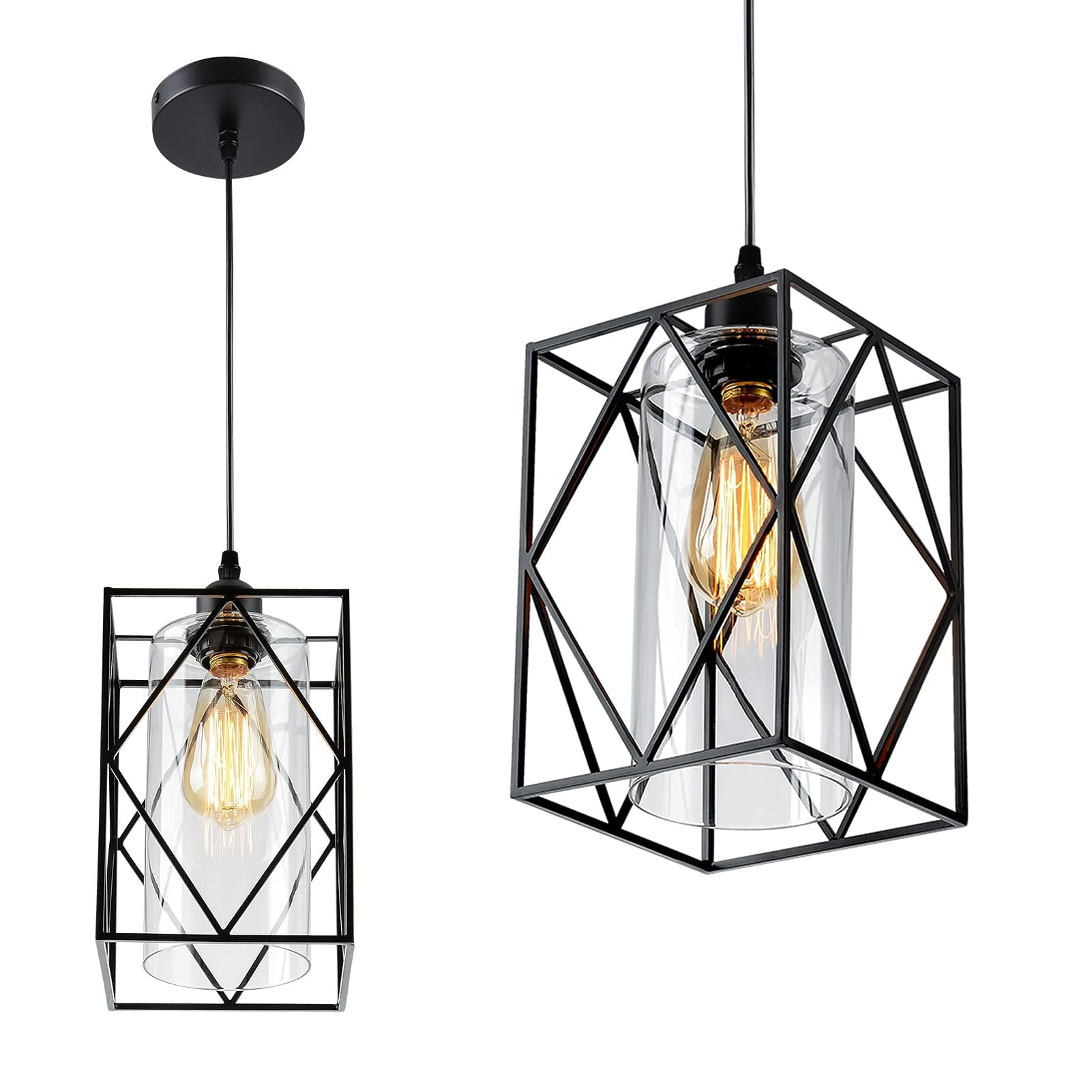 Stepeak Retro Ceiling Pendant Light Fitting with Metal Cage Glass lamp Shade, Industrial E27 Black Chandelier with Lamp Holder and Rose for Kitchen Loft Living Room Bedroom [Energy Class E]