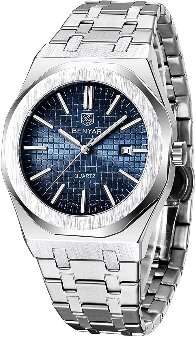 Business Casual Silver Stainless Steel Date Display Analog Watch for Men