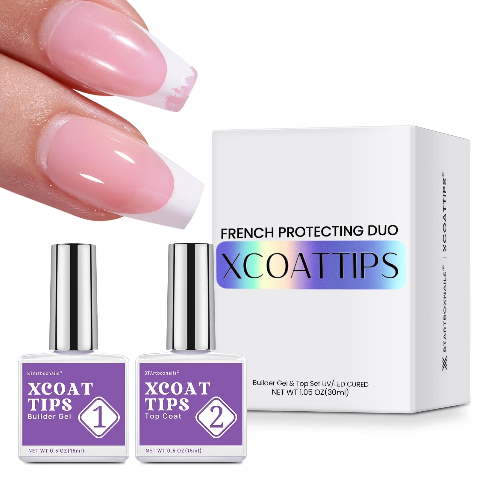btartboxnails XCOATTIPS French Protecting Duo Builder Gel and Top Coat Set to Protect French XCOATTIPS, No More French Tips Area chipping