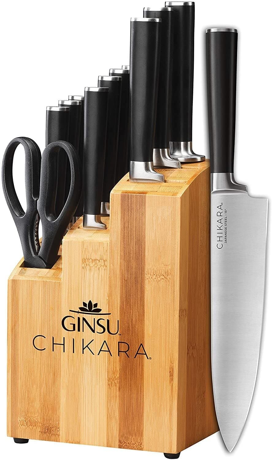 GINSU Gourmet Chikara Series, Kitchen Knives Set with Block, Japanese Steel 12 Piece Cutlery Set with Bamboo Block