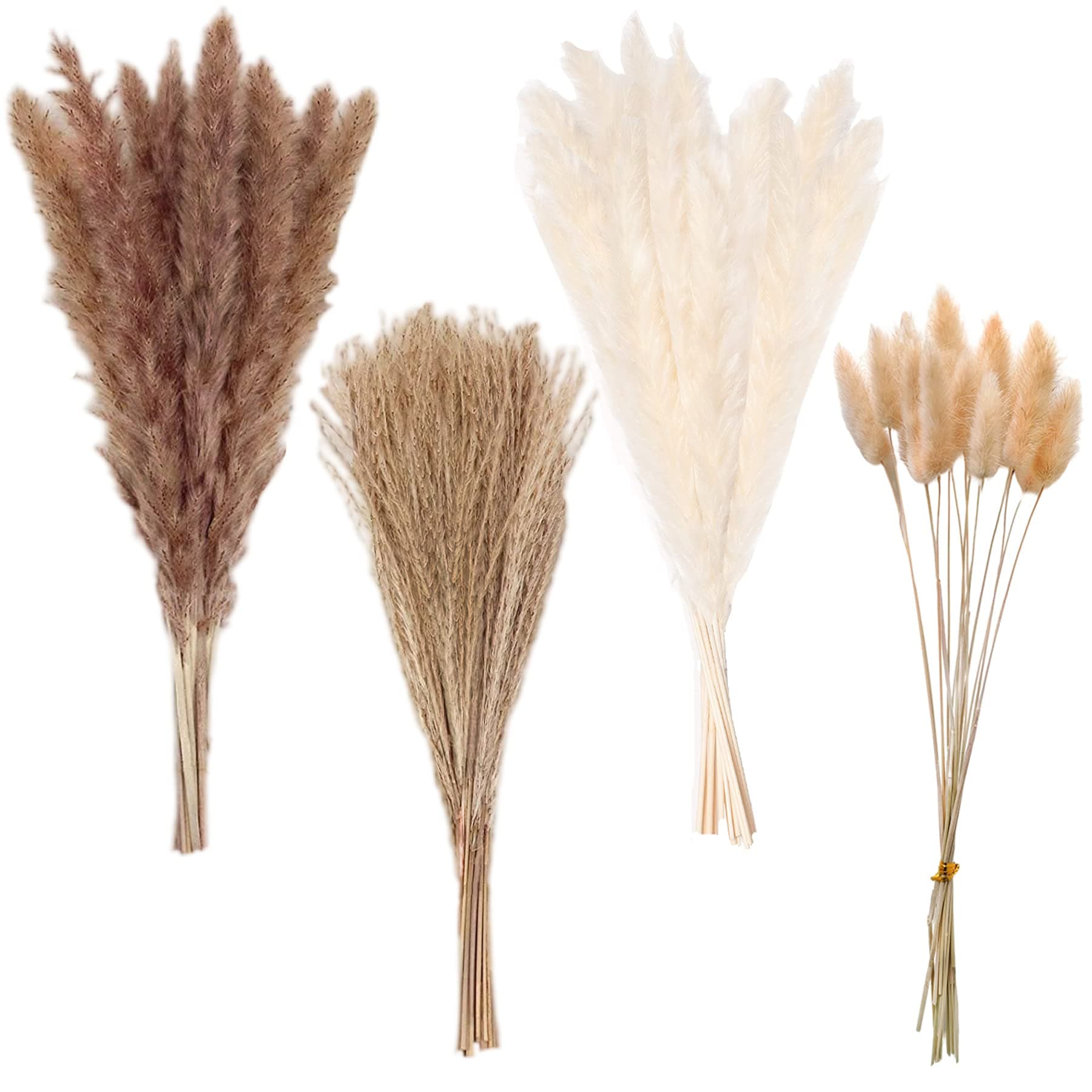 Pampas Grass Boho Home Decor, Premium Carefully Hand-Picked Natural Dried Fluffy Pompas Grass 17", White & Brown Pampas Grass, Reed, Bunny Tails for Flower Arrangements Boho Wedding Home Décor