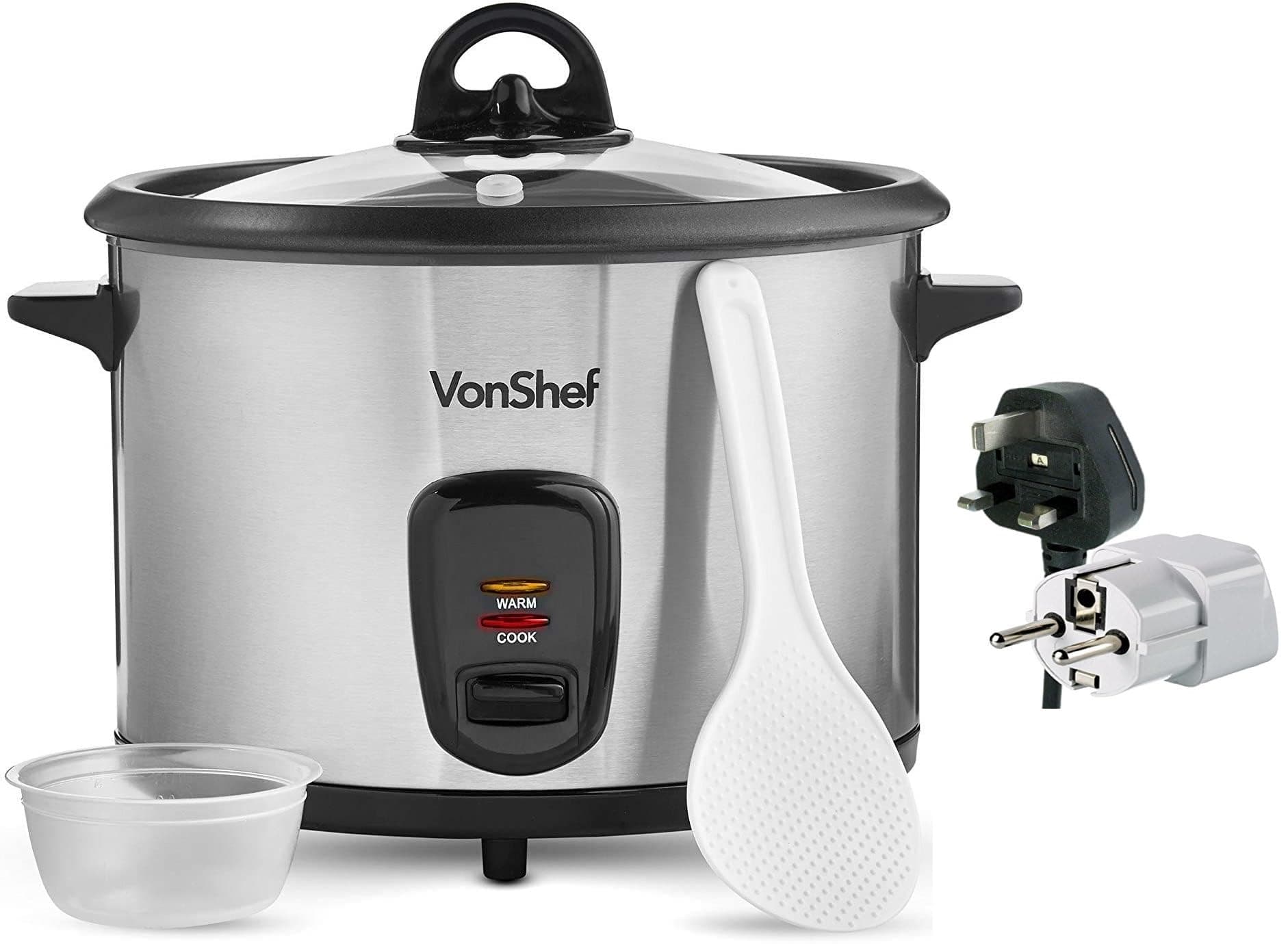 Vonshef 220 Volt Rice Cooker 10 Cup, Non Stick, Stainless Steel, Bundle With Dynastar Adapters | 220v 240v (NOT FOR USA)