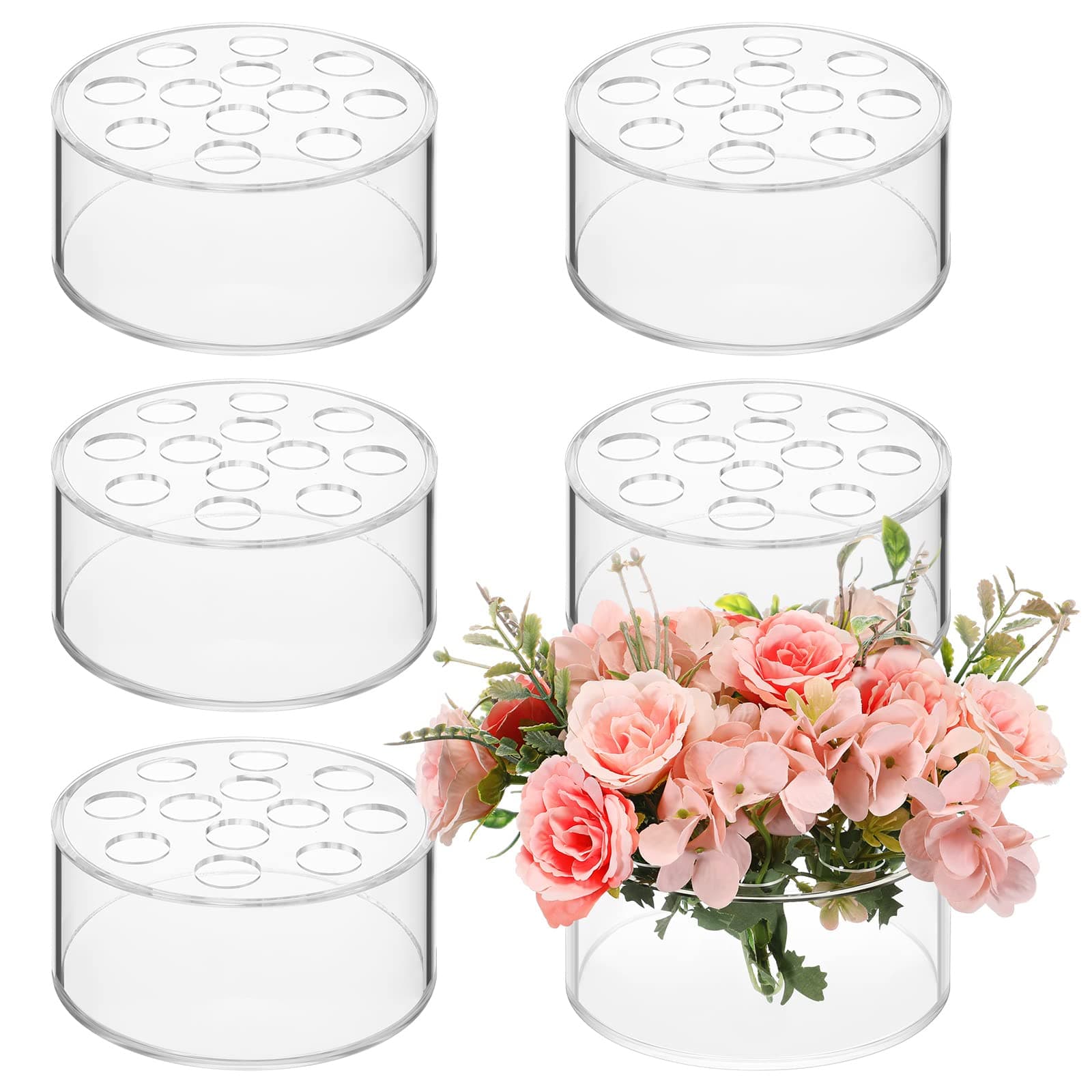 TanladeAcrylic Floral Centerpiece for Dining Table Decorations Wedding Round Flower Vase Centerpiece Vases Table Low Flower Holder with Holes for Home Birthday Party(6 Pcs,5.51 Inches)