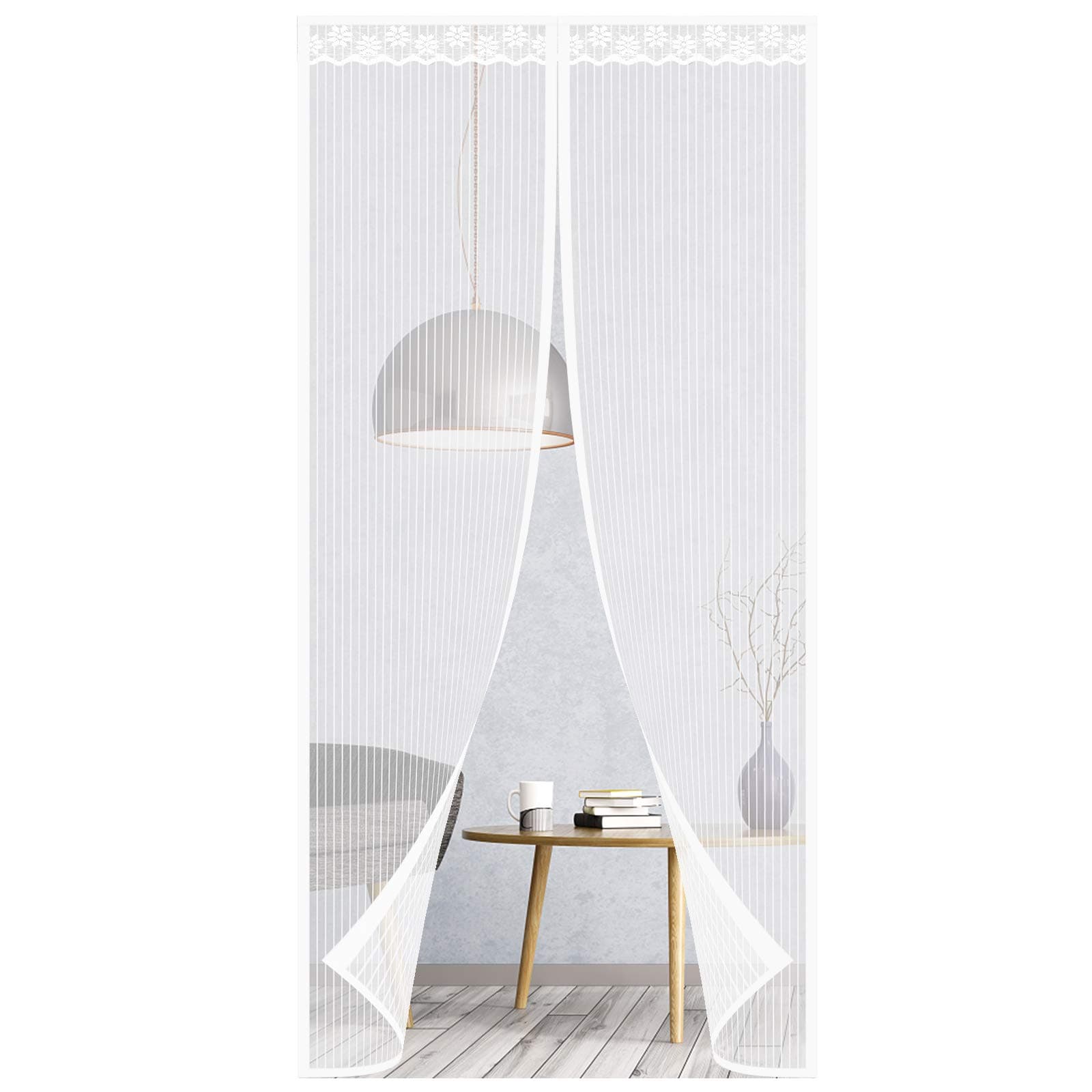 Magnetic Fly Screens, EGNBU Heavy Duty Door Screen, Anti Mosquito Mesh Fly Curtain with Powerful Magnets & Full Frame Magic Tape, Keep Bugs Out & Lets Fresh Air in (with Lace,90x210CM)