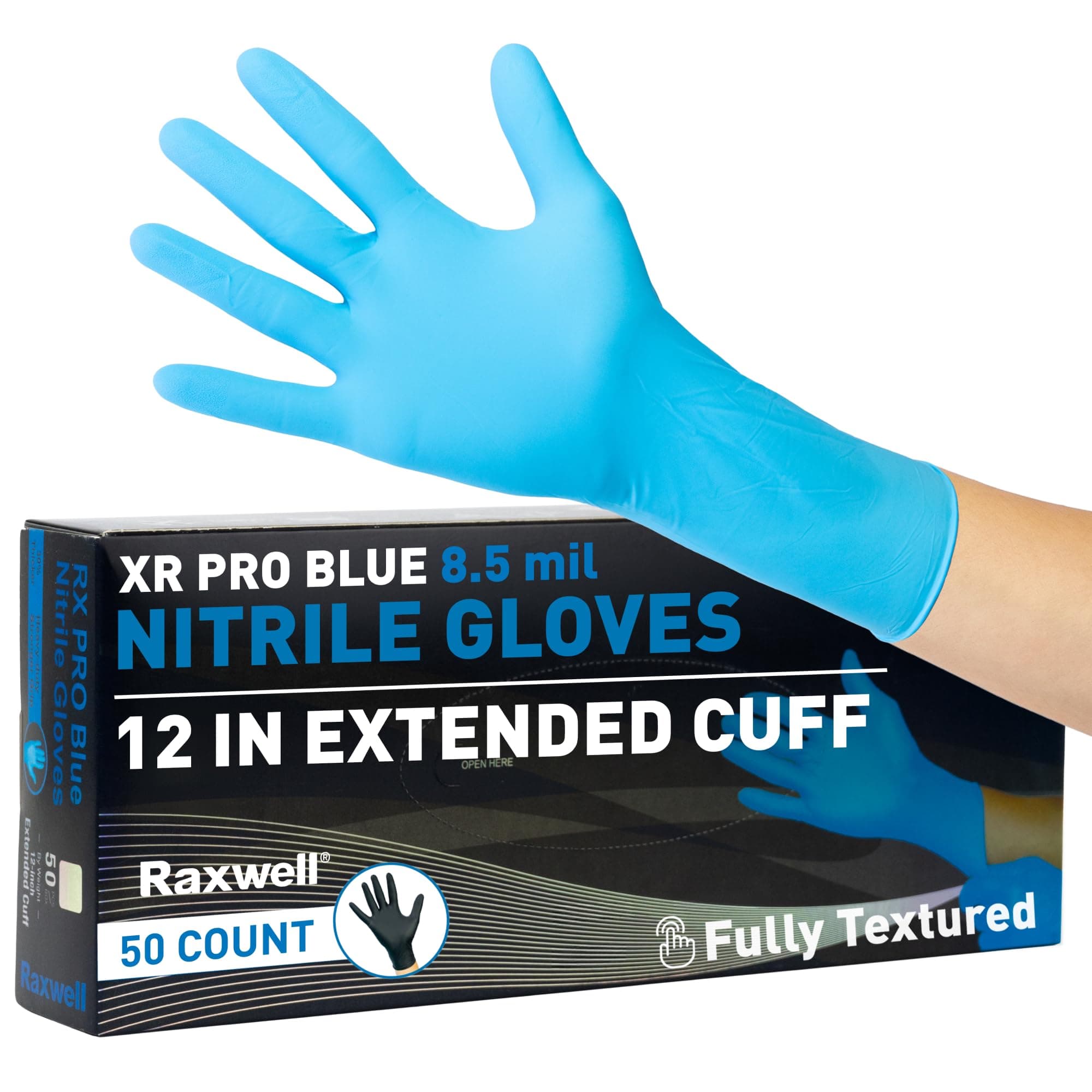 Raxwell Blue Nitrile Disposable Gloves - 8.5mil, Extended Cuff, Latex Free, Food Safe - Waterproof Textured Cleaning Gloves