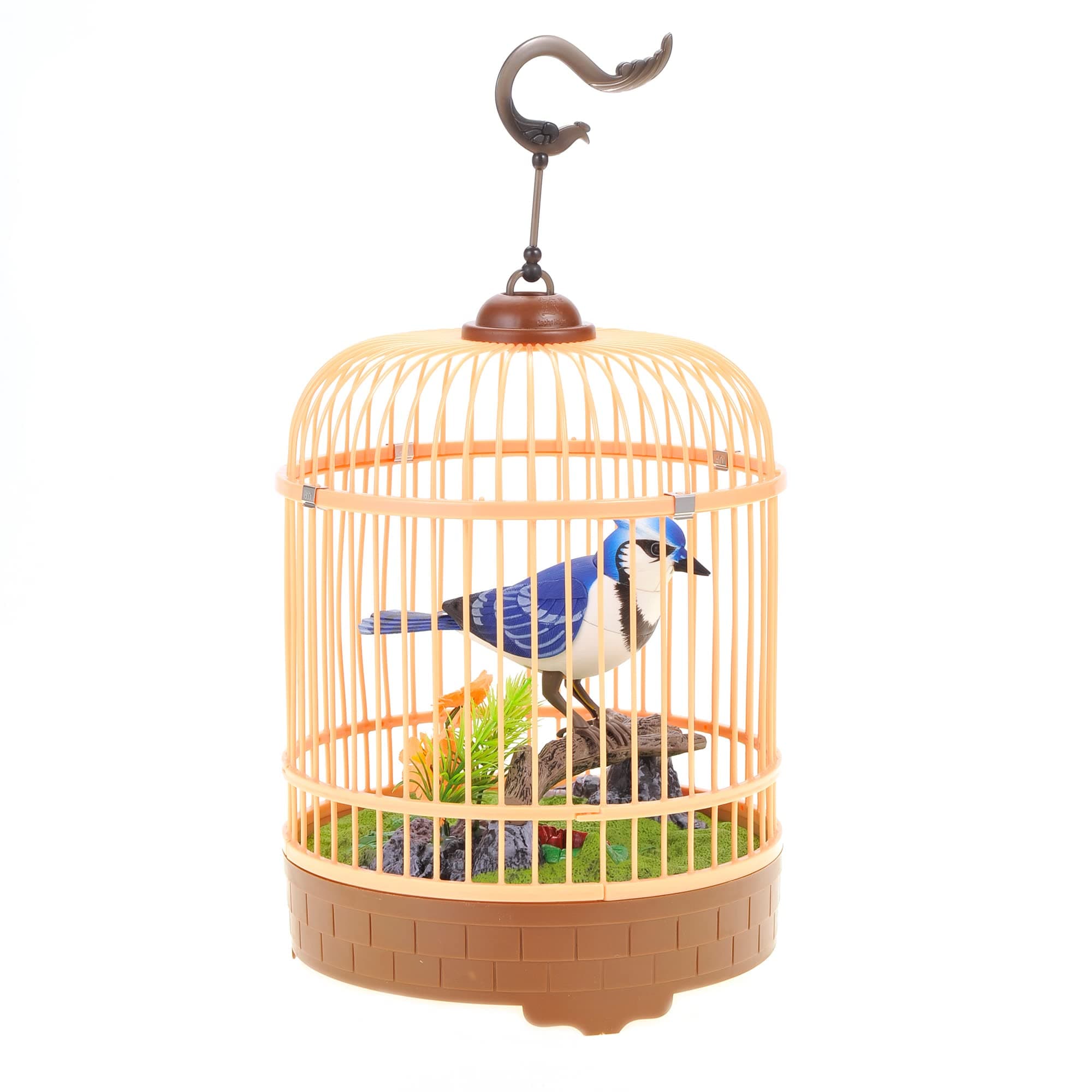 PowerTRC Singing & Chirping Bird in Cage, Realistic Sounds & Movements, Sound Activated, Battery Operated, Great Desk and Room Accessory, Pet Caged Bird Toy (10” x 7”), Ages 3+