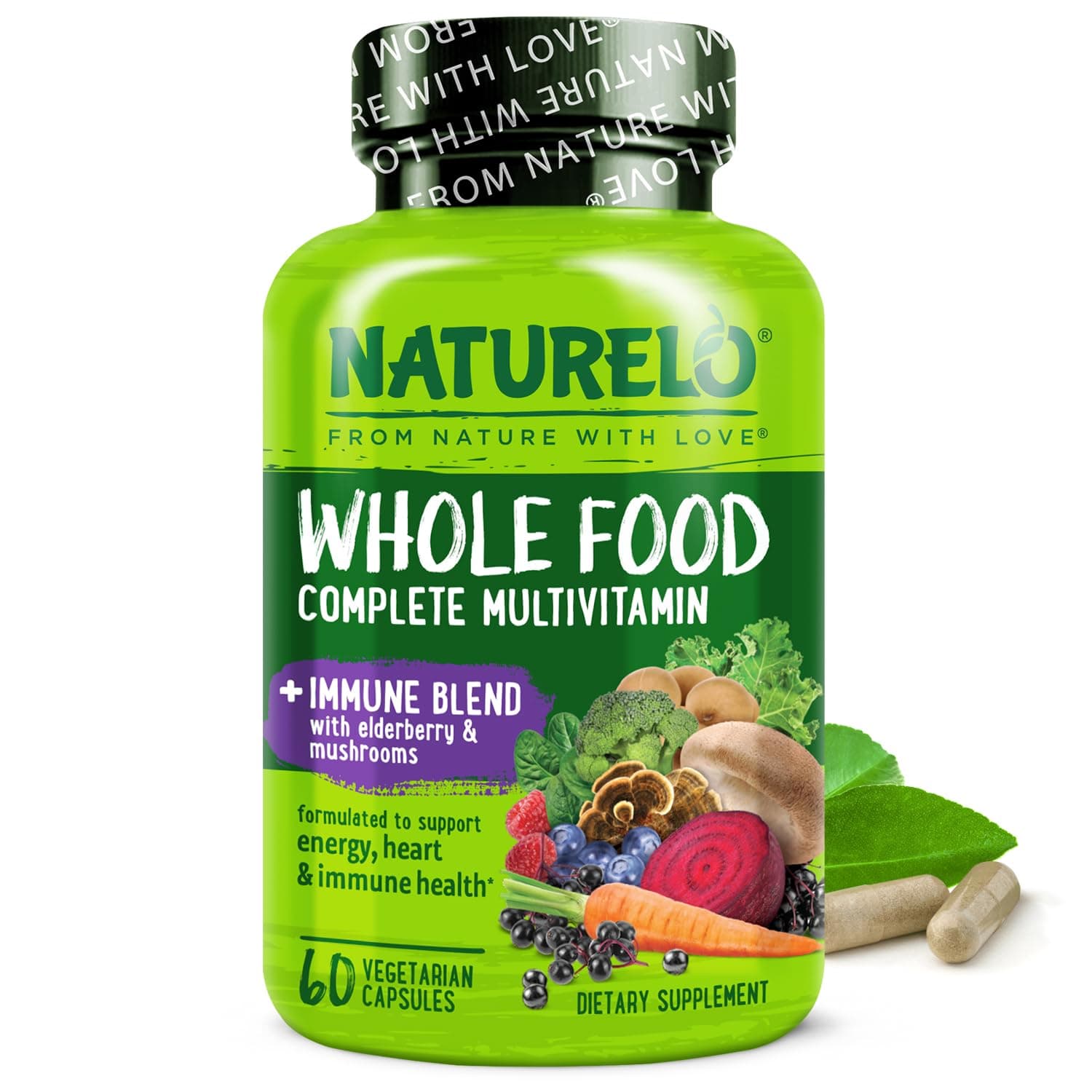 Whole Food Multivitamin + Immune Blend - Wiith Elderberry & Mushrooms - Complete Multivitamin with Extra Immune Support - C, D3, Zinc, Elderberry, Reishi, Shitake - 60 Vegan Capsules