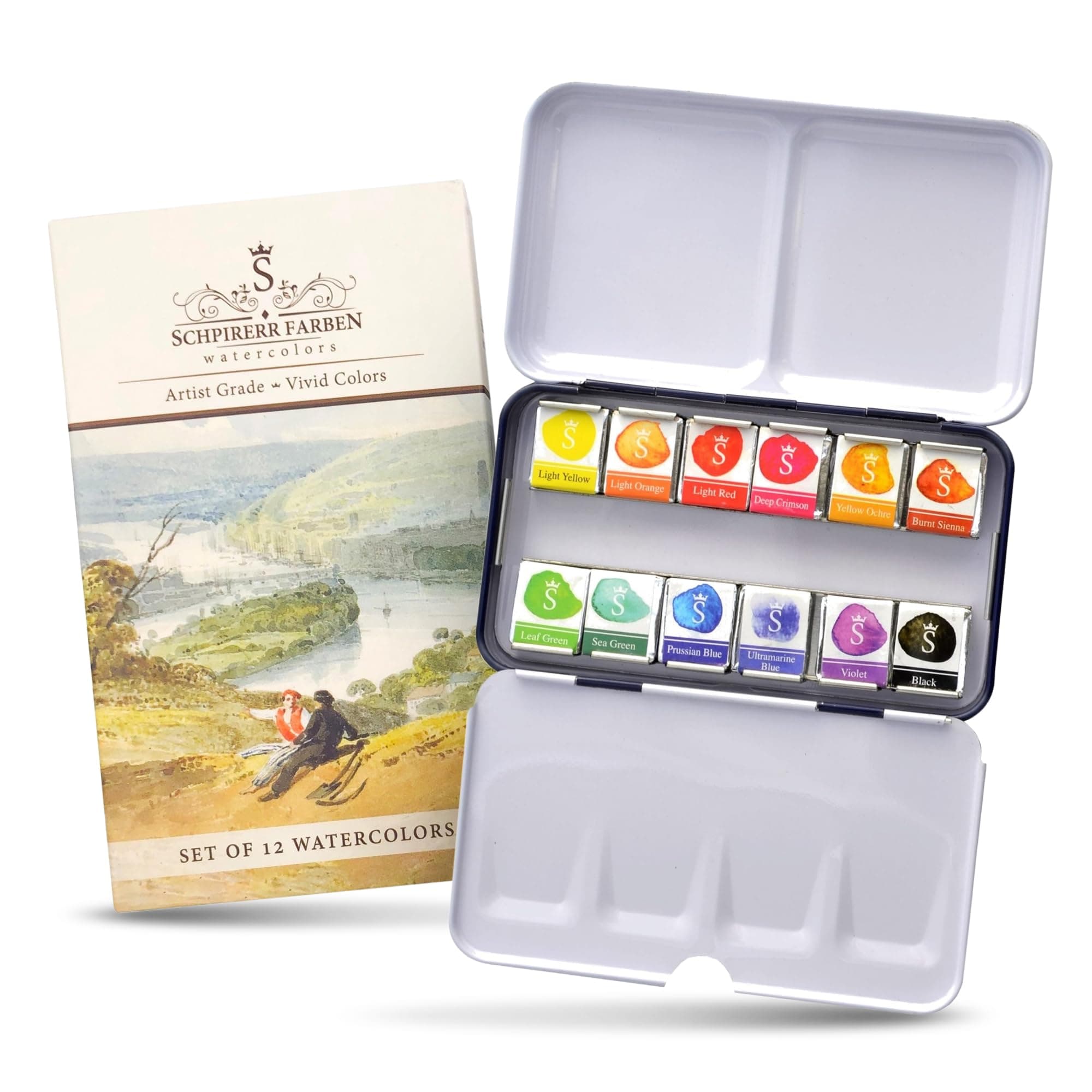 Watercolor Paint Set with Rich Pigment, Watercolor Set for Adults and Children, Portable Painter Palette in a Tin Box with a Metal Ring, 12 Vivid Colors