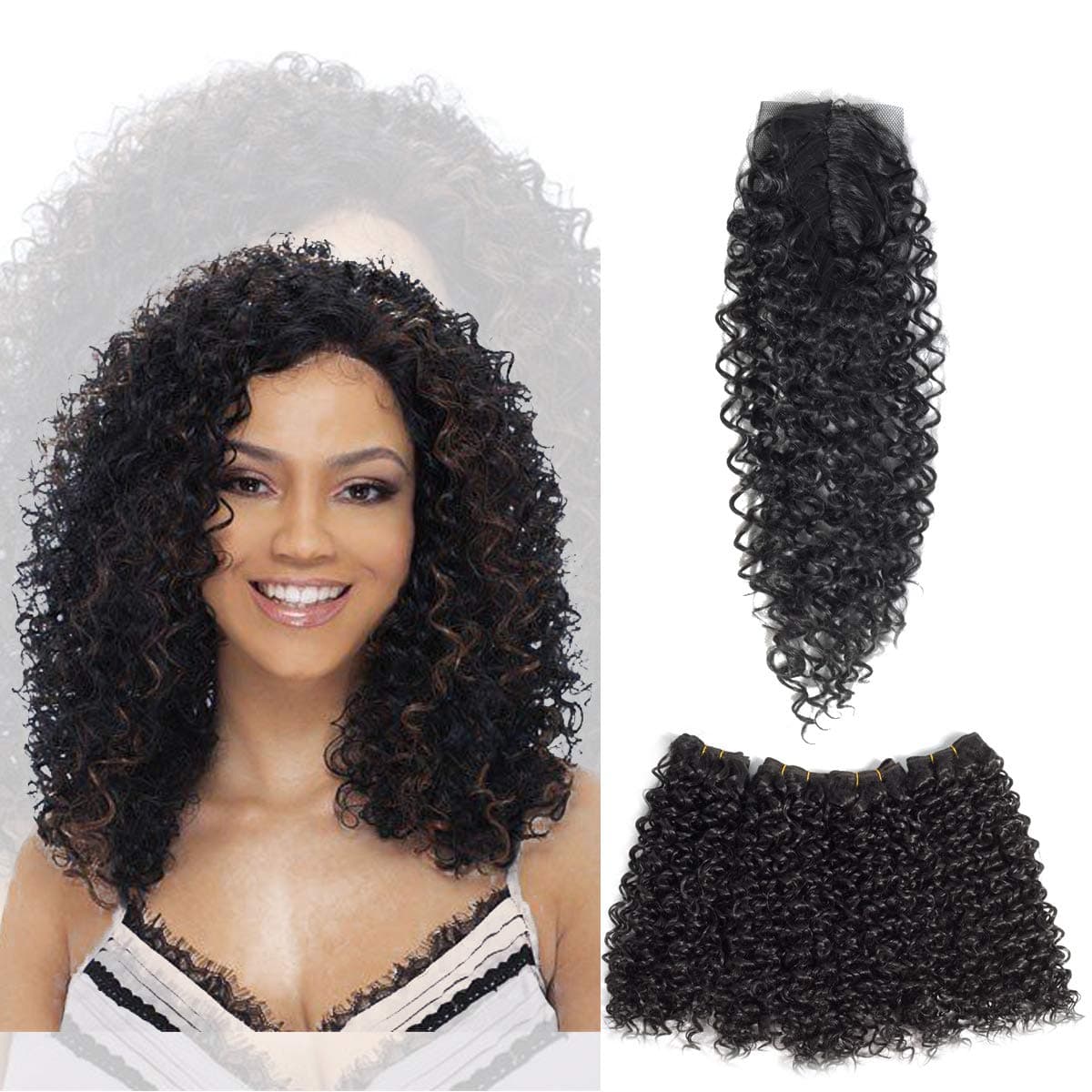 Kinky Curly Hair Bundles with Closure Ombre Kinky Curly Weave Human Hair Extensions 4bundles With Closure Synthetic Hair Bundles 16 inch 50g/Bundle (16inch, 1B)