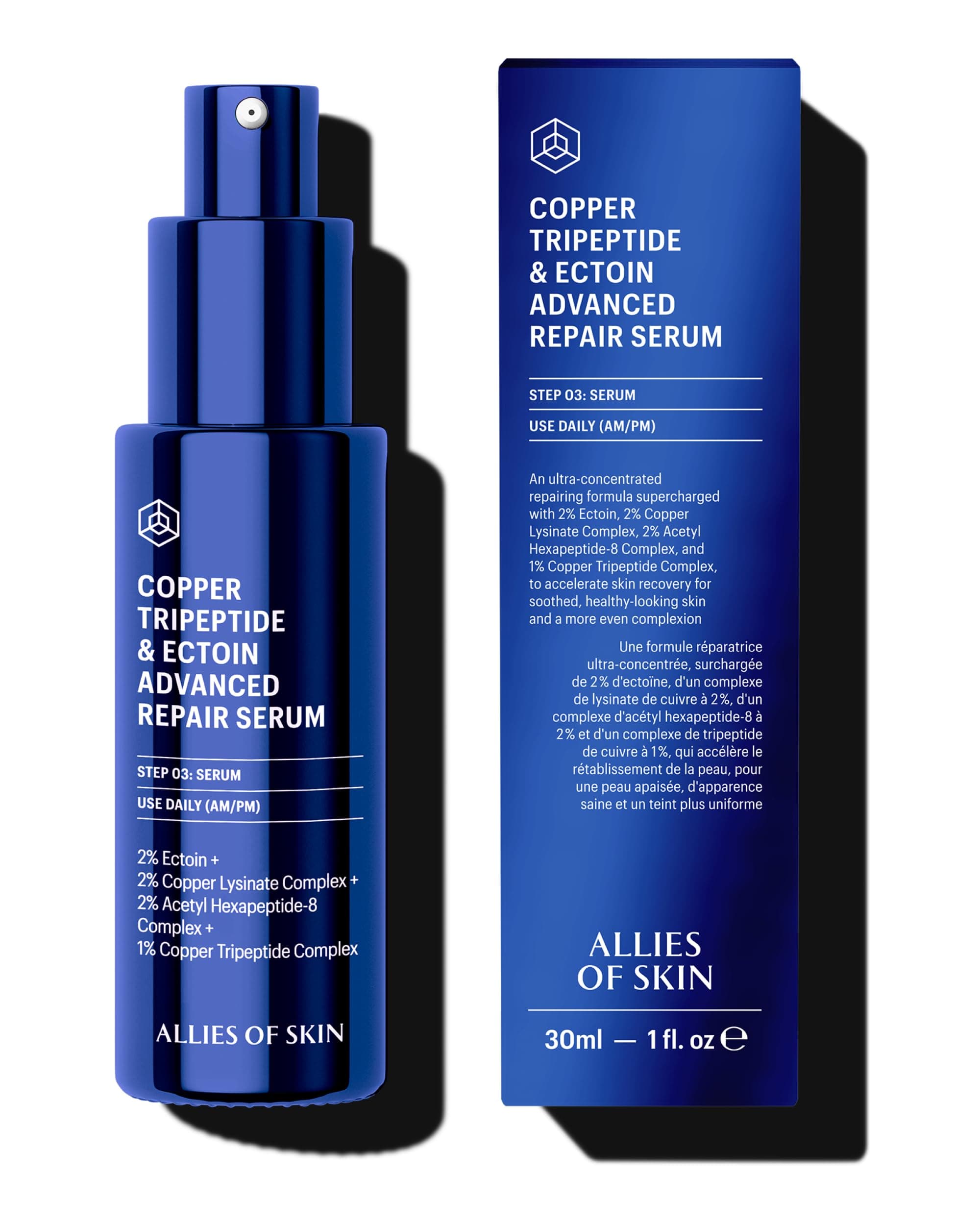 ALLIES OF SKIN - COPPER TRIPEPTIDE & ECTOIN ADVANCED REPAIR SERUM with 2% Ectoin, 2% Copper Lysinate Complex, 2% Acetyl Hexapeptide-8 Complex, and 1% Copper Tripeptide Complex 30ml / 1 oz