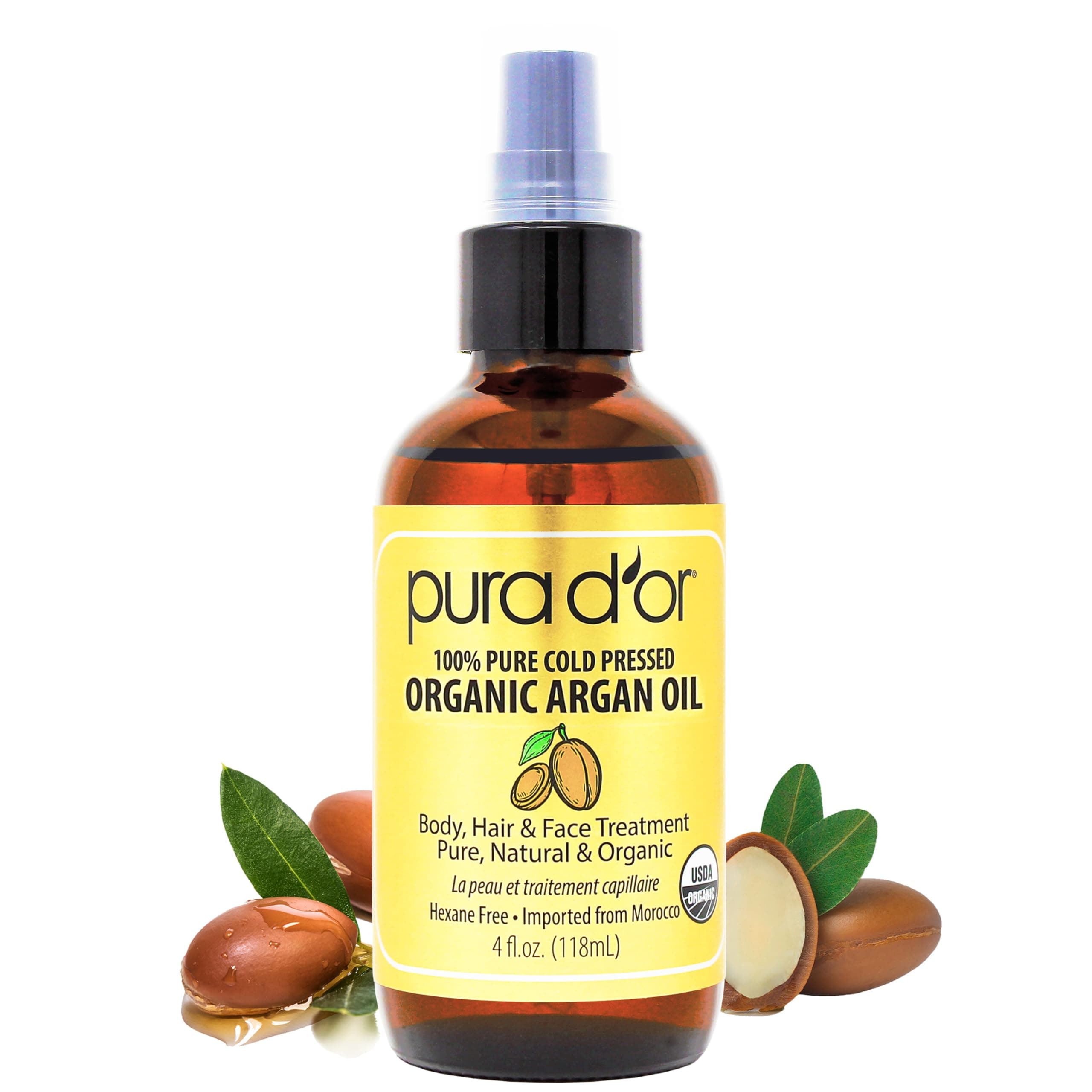 PURA D'OR 4 Oz Organic Moroccan Argan Oil – 100% Pure Cold-Pressed Virgin Grade – Lightweight Moisturizer for Skin, Face, Body & Hair Relaxer – Helps Dry Skin, Scalp Care, Split Ends, Nails & Cuticles