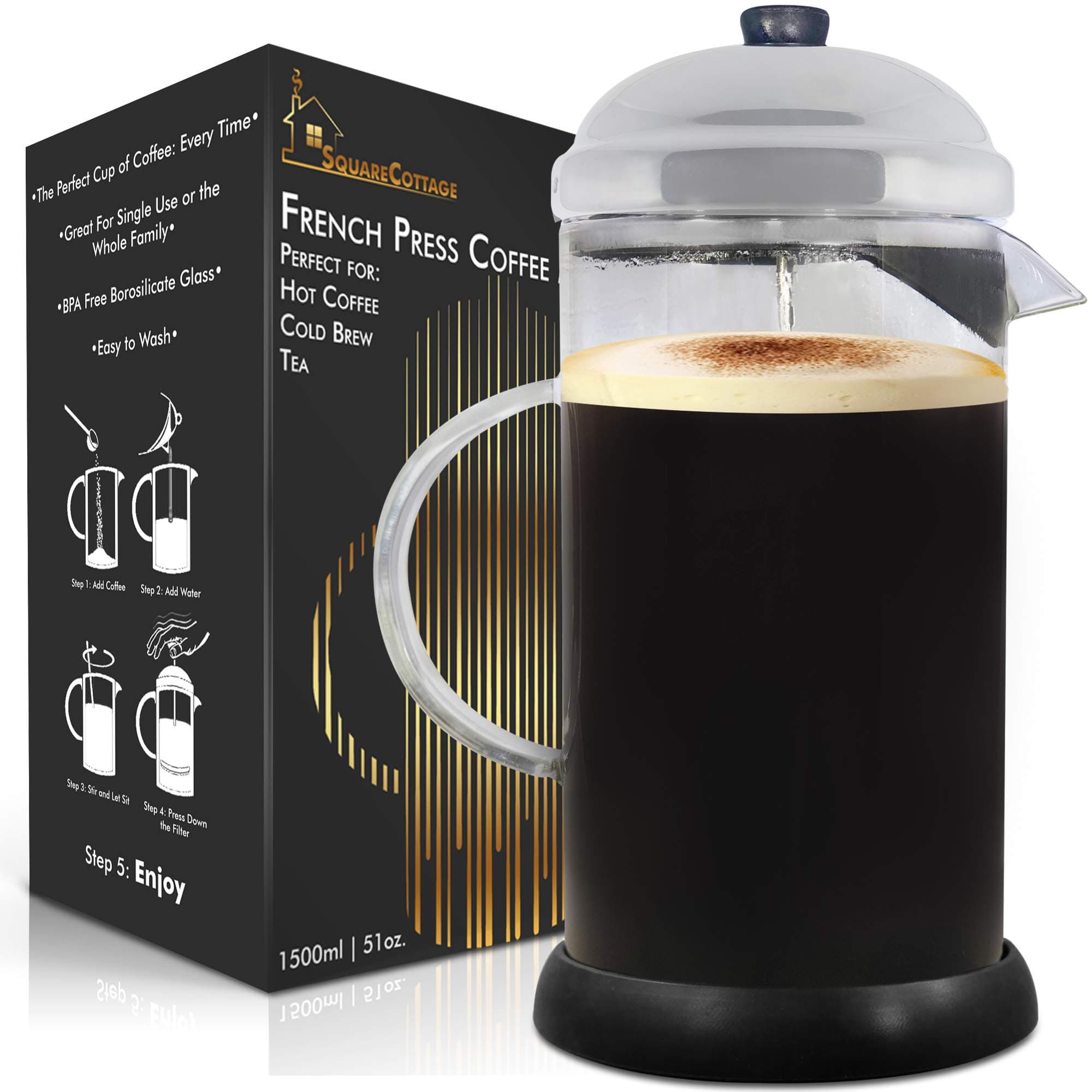 Large Cold-Brew French Press Coffee-Maker - Strongest Coffee Ever - Best for Cold Brew, Hot or Iced Coffee - Tea Maker - Glass BPA Free Pot - 1.5L/51oz