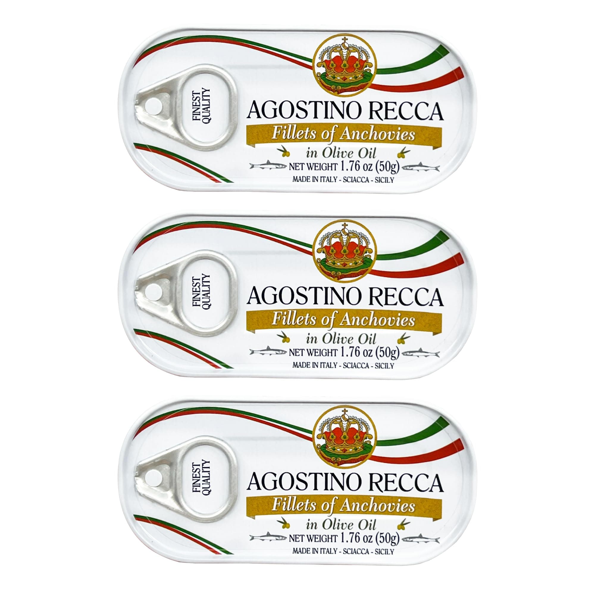 Agostino Recca Fillet of Anchovies in Olive Oil, 1.76 oz (50g) – Premium Italian Anchovies, Product of Italy [Pack of 3]