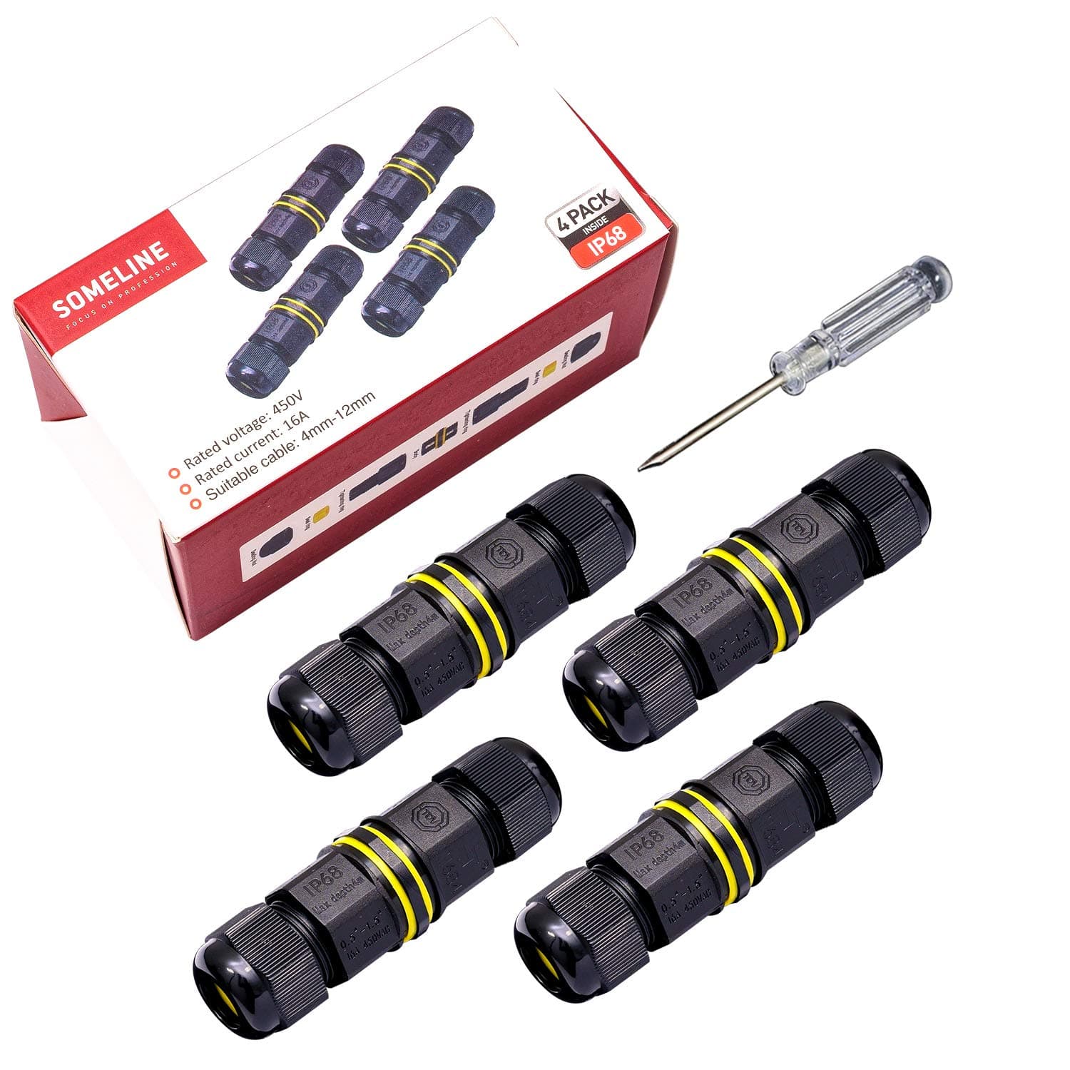 Connection Sleeve Cable Connector Waterproof IP68 Connection Box for Ø4-12 mm Cable Diameter with 3 Pole PEBA 4-Pack Black