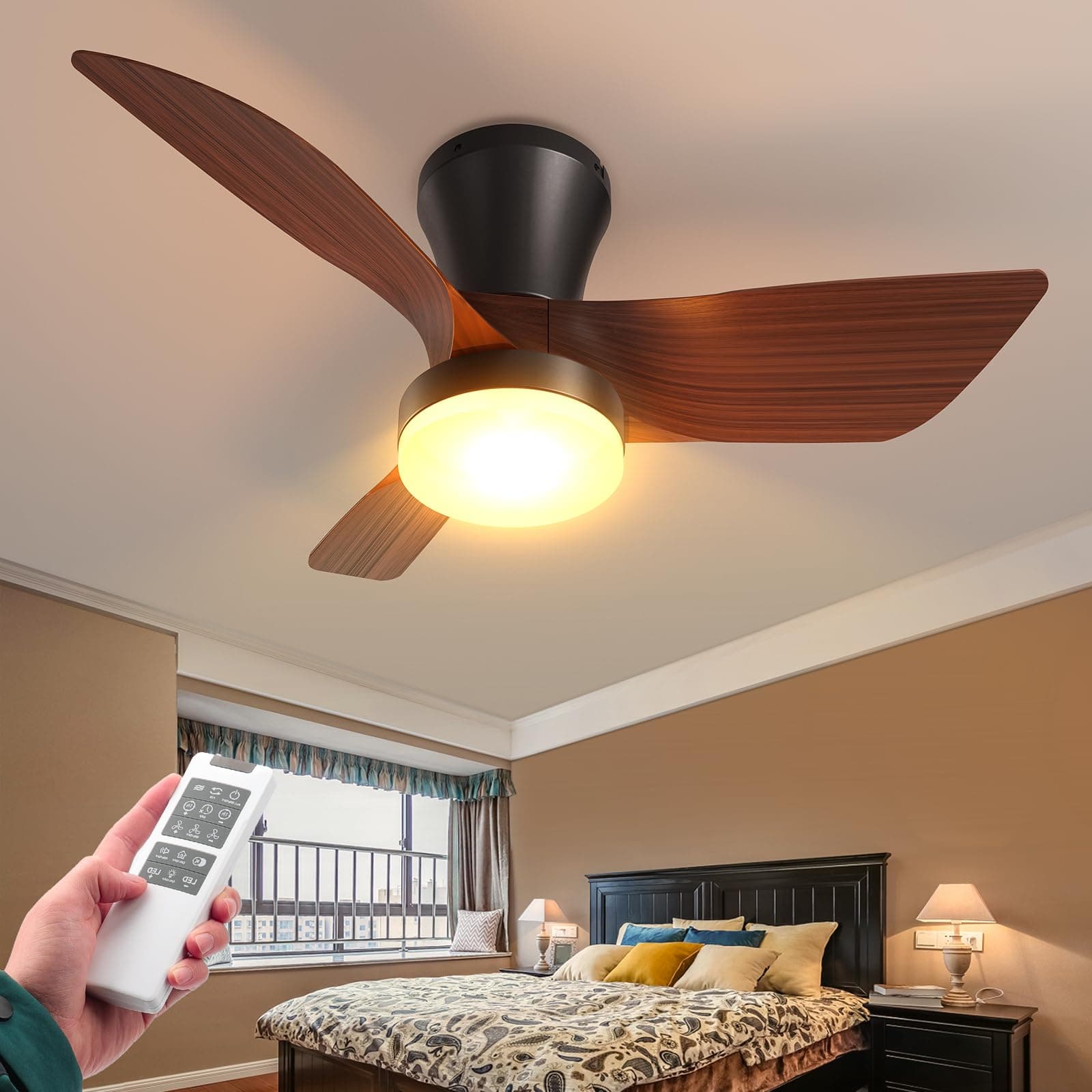 VOLISUN Small Ceiling Fans with Lights, 30in Flush Mount Ceiling Fan with Light and Remote, 3CCT Dimmable Low Profile Ceiling Fans with Light,Modern Ceiling LED Fan Light for Bedroom,Livingroom（Wood）