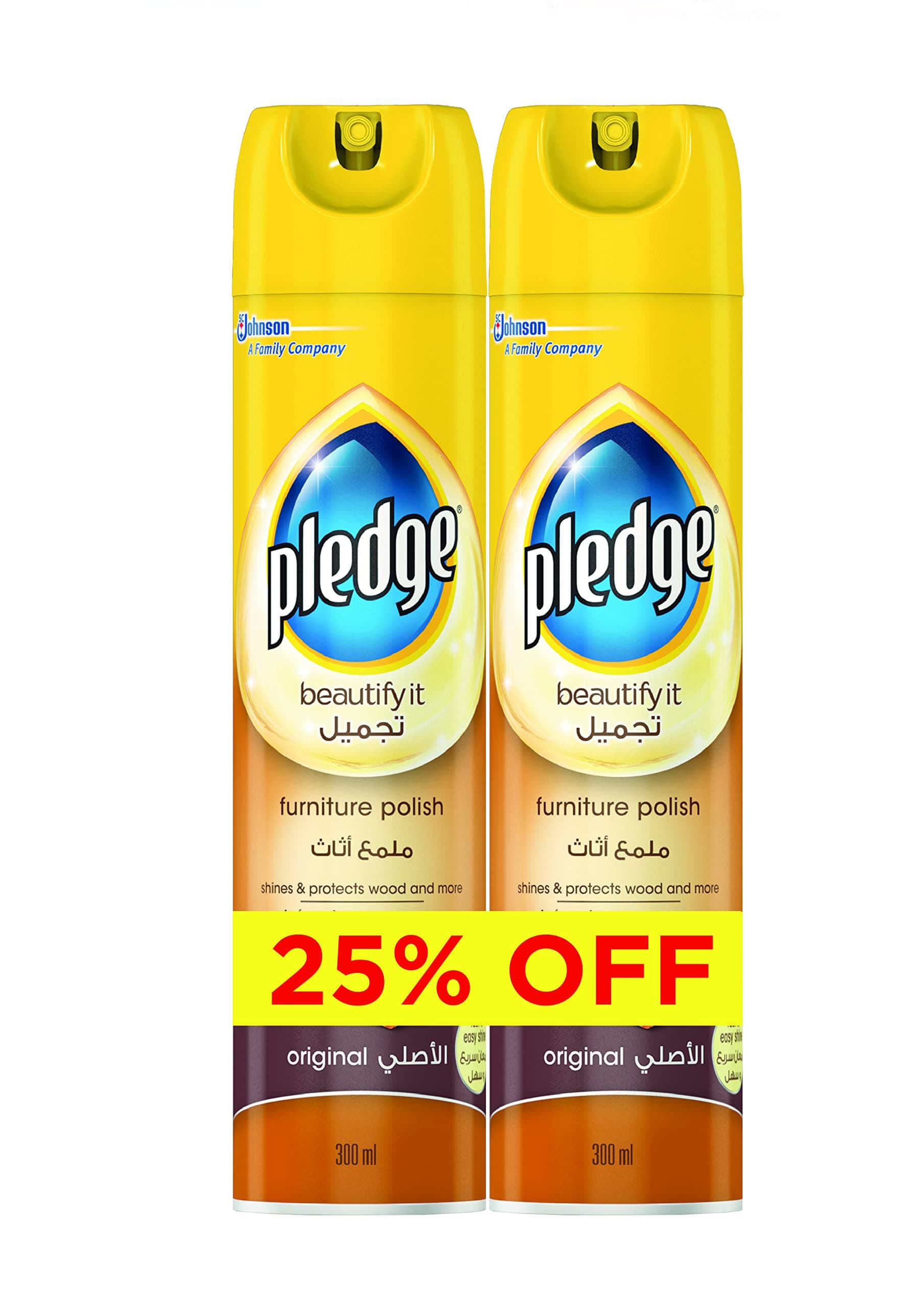 Pledge Beautify It Furniture Polish Spray, Original Scent, Gently Cleans, Protects & Shines Wood Surfaces, 2 x 300ml