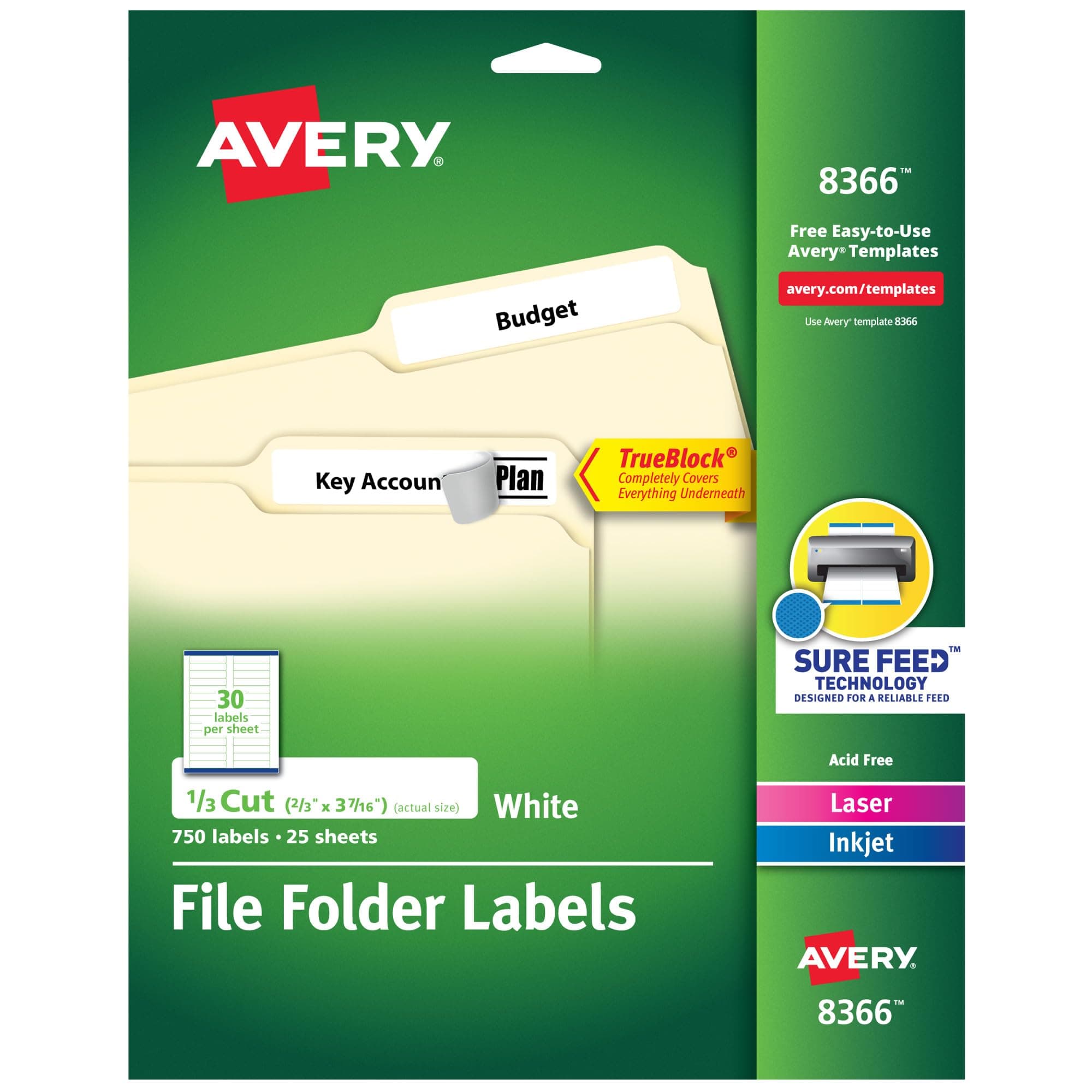 File Folder Labels with TrueBlock Technology, Permanent Adhesive, 2/3" x 3-7/16", Laser/Inkjet, 750 Labels (08366)