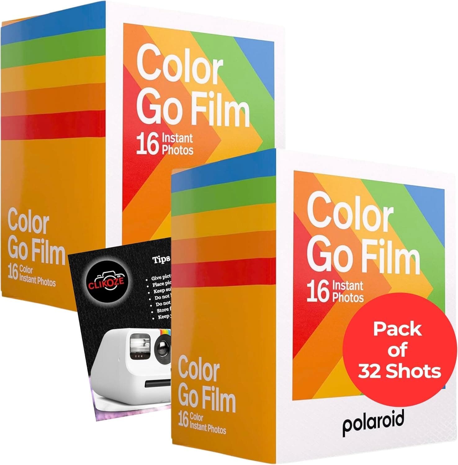 Go Color Film Bundle for Polaroid Camera (Pack of 32 Shots) - Compatible with Polaroid Go, not I-Type or 600 Cameras - Clikoze Instant Cameras Tips Card Included
