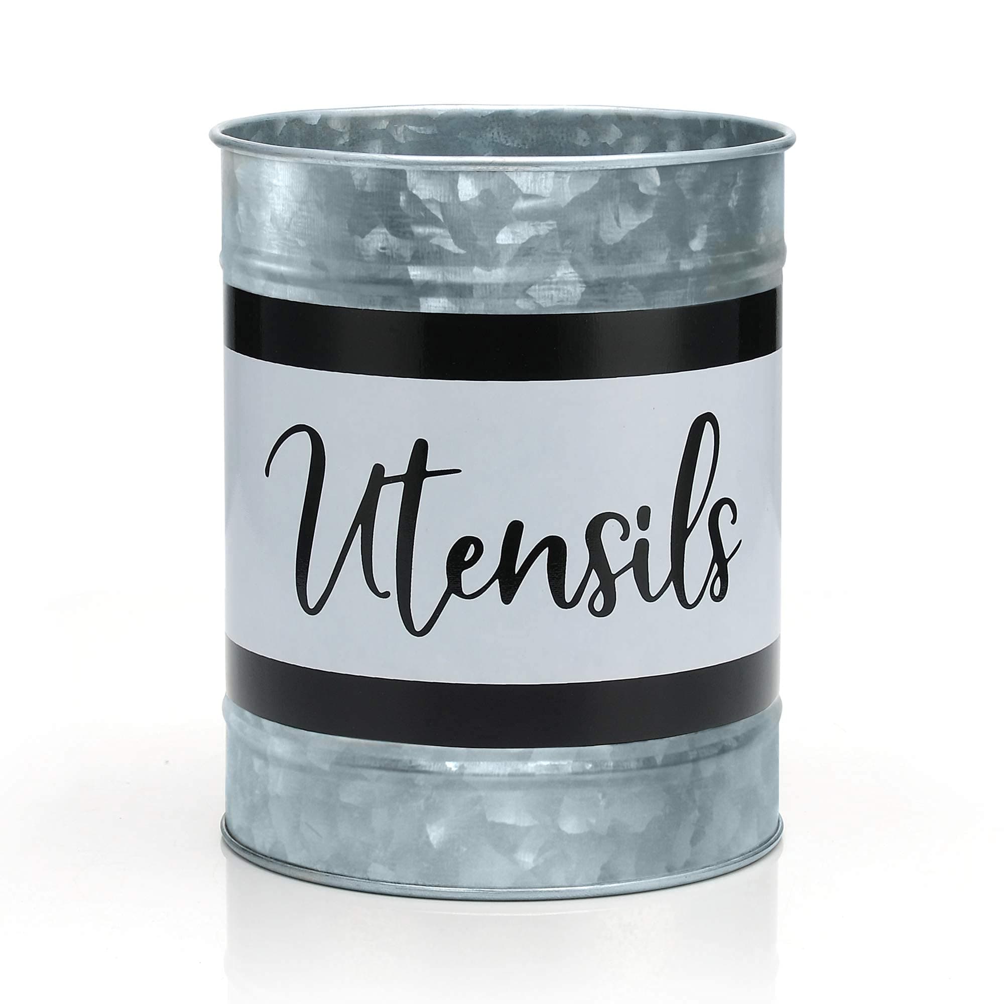 Kitchen Utensil Holder - Farmhouse Crock for Countertop Utensils, Black & White