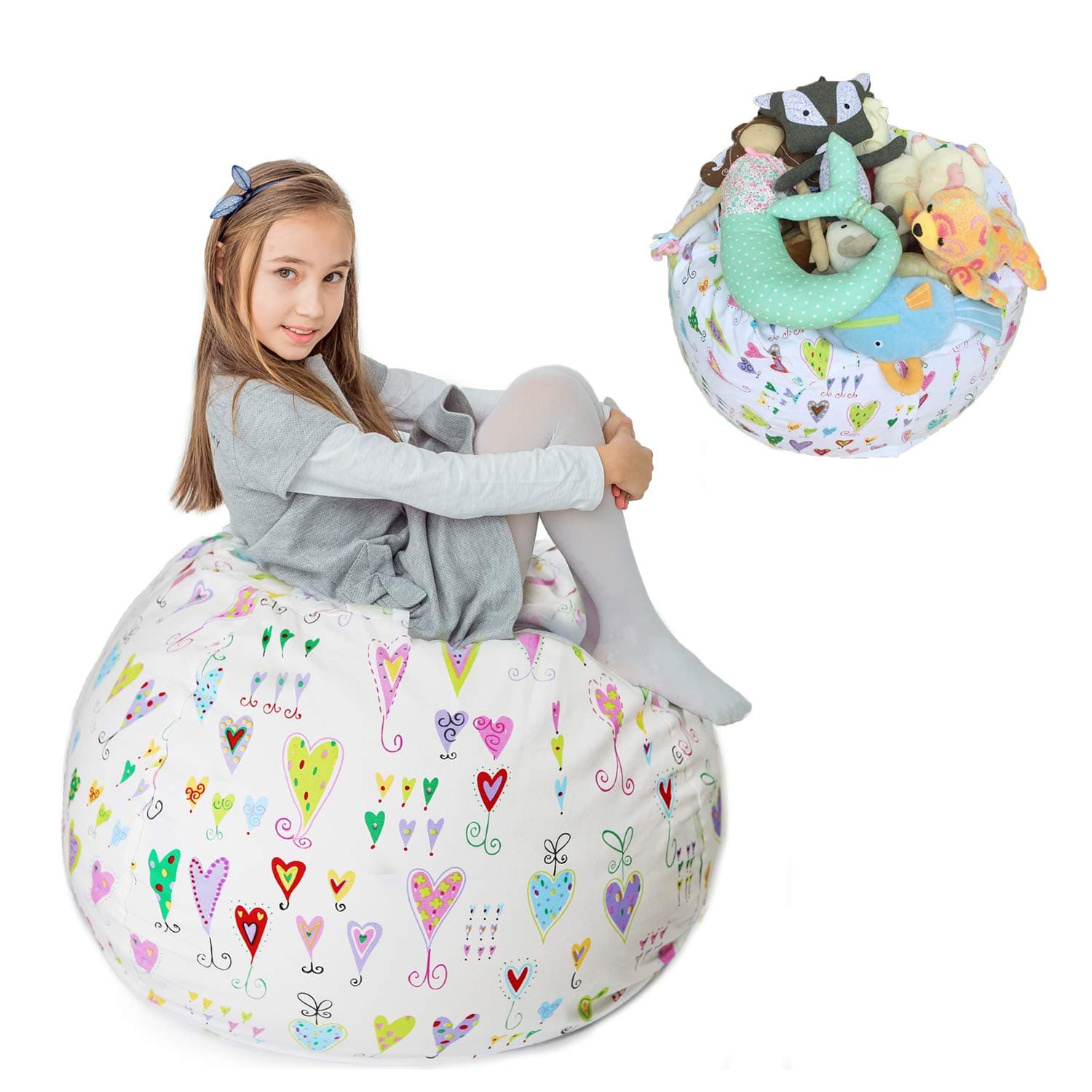 Stuffed Animal Storage Bean Bag XXL - 100% Cotton Canvas Plush Toy Organizing Bag, Machine Washable (38”,Hearts) Comfortable & Soft Seat for Nursery | Stylish Chair/Ottoman/Pouf for Boys & Girls