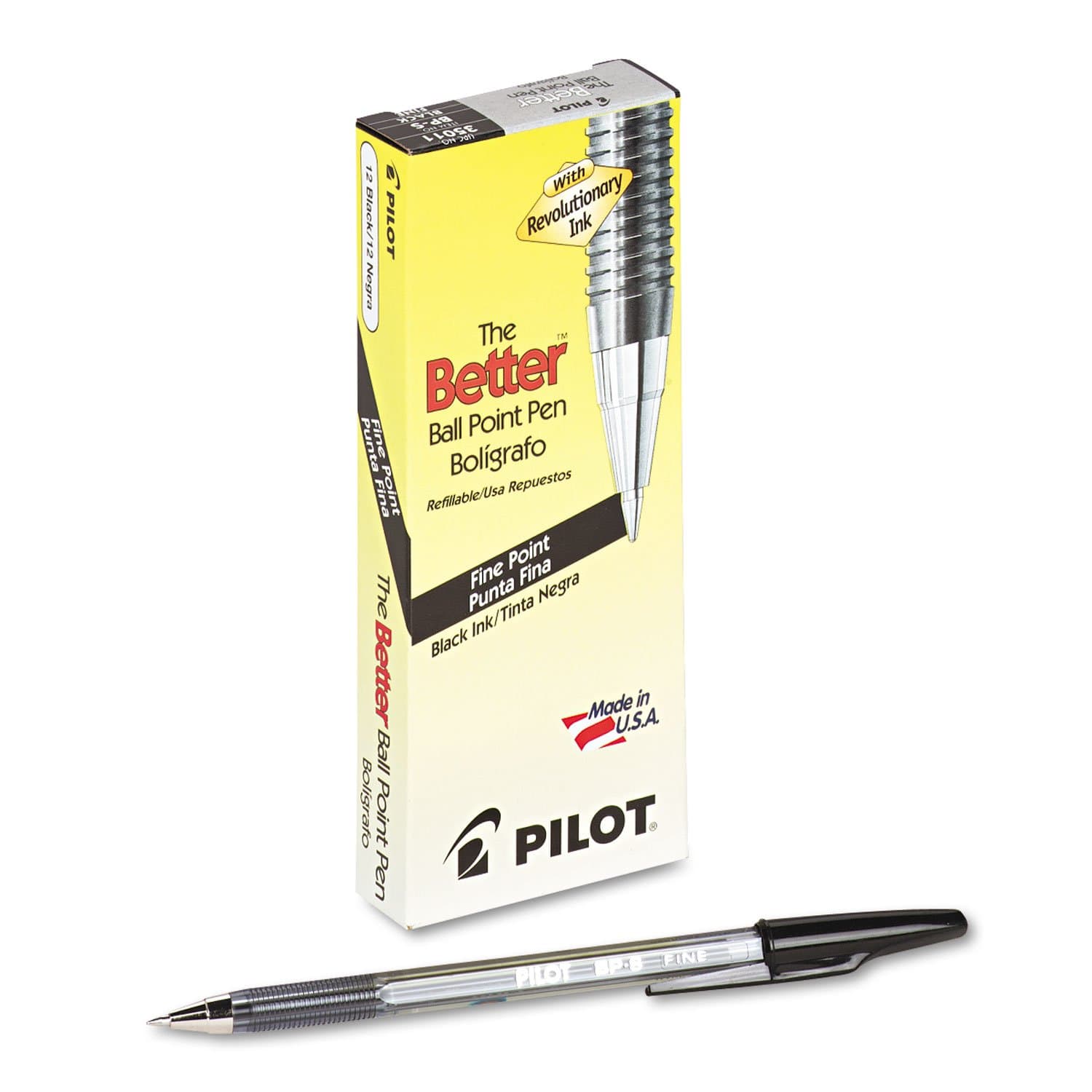 The Better Ball Point Pen Refillable Ball Point Stick Pens, Fine Point, Black Ink, 12-Pack (35011)