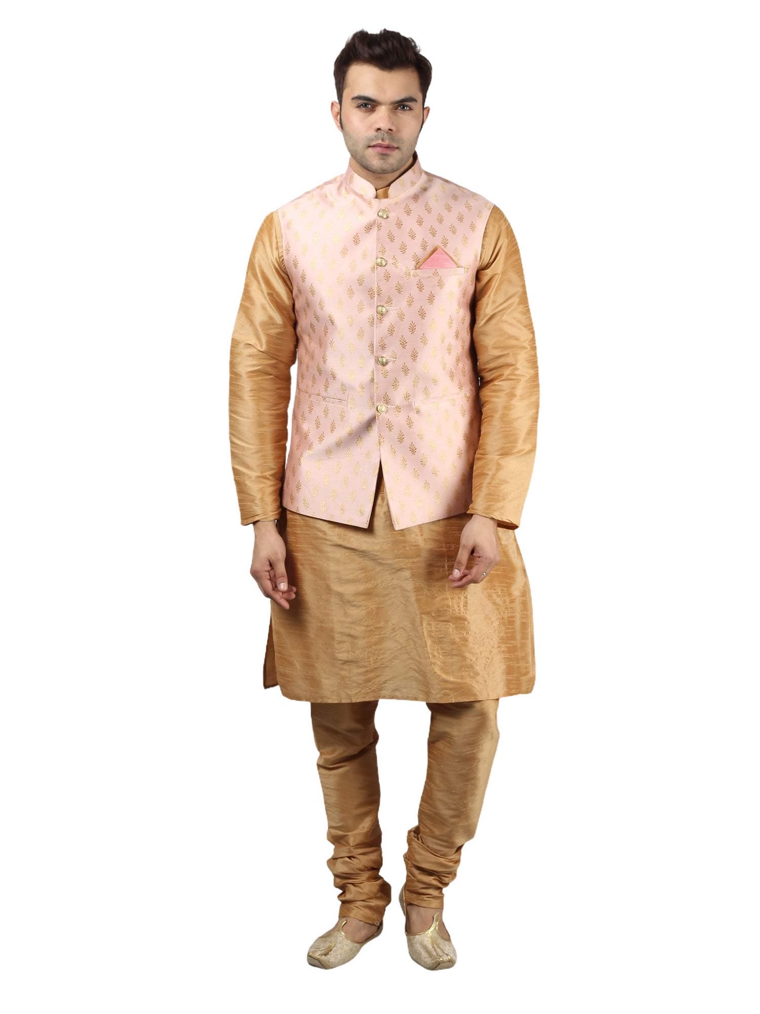 Uri and MacKenzie Men's Khaki Kurta Churidar Pyjama with Stylish Nehru Jacket/Waistcoat