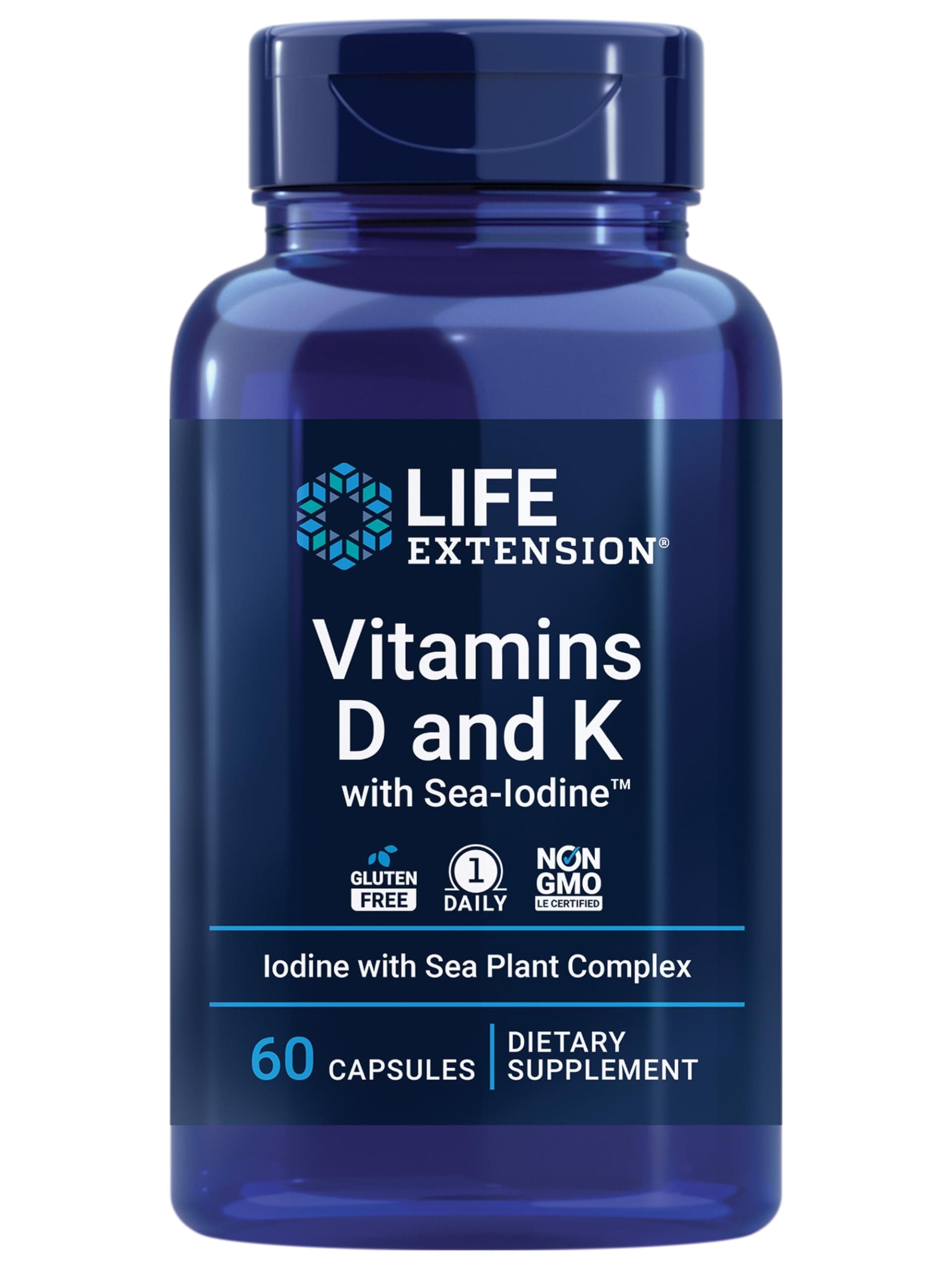 Life Extension, Vitamin D3 and K2, & Iodine, 60 capsules, (Natural Vitamin D3: Cholecalciferol, K2: MK-4 & MK-7), Cholecalciferol, Menaquinone-7,