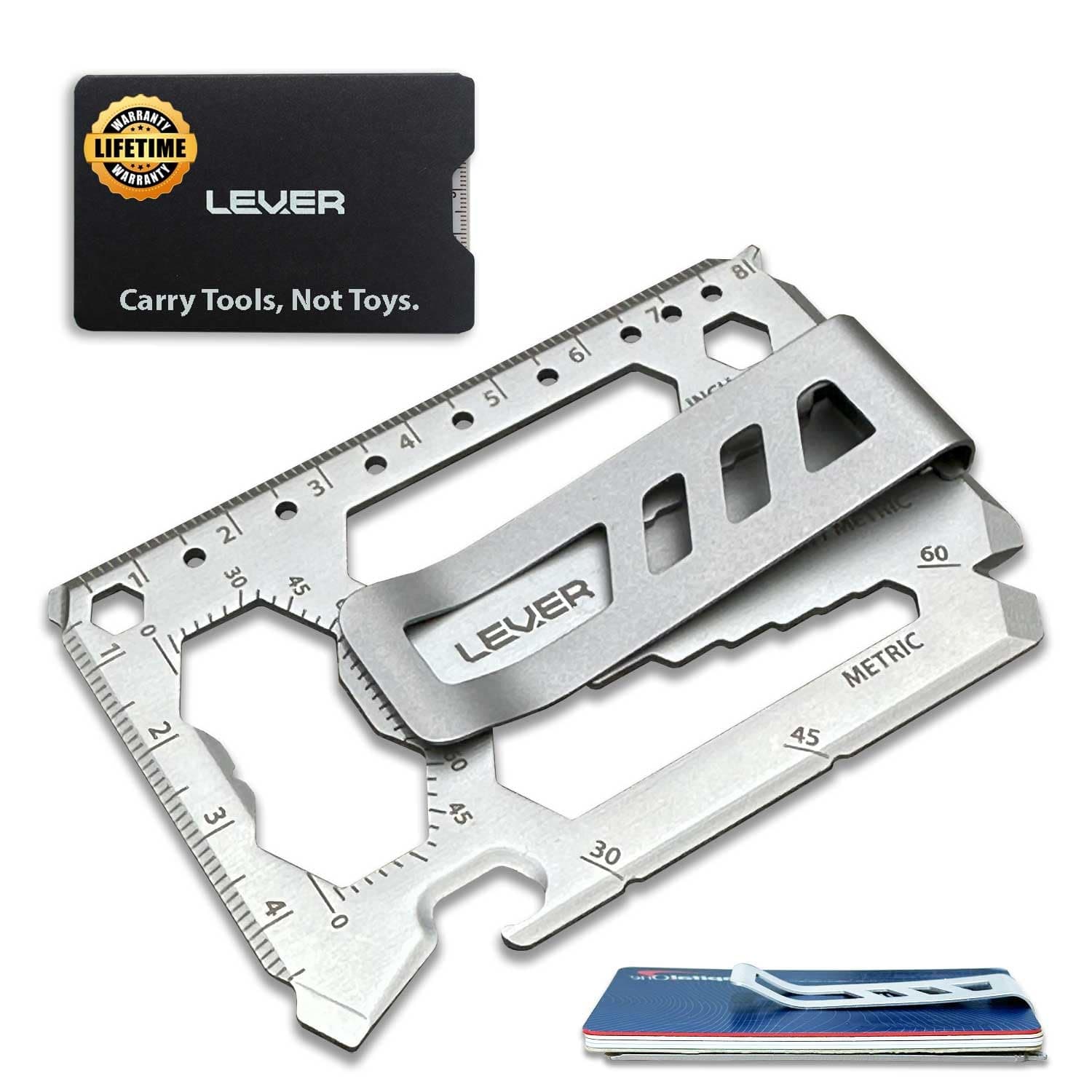 Lever Gear Toolcard Pro with Money Clip - 40 in 1 Credit Card Multitool. Sleek Minimalist Stainless Steel Wallet Card and Money Clip - Bead Blast Silver …