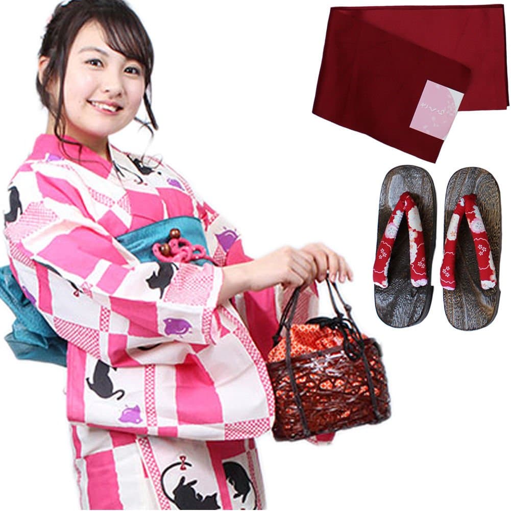 Fuuka Women's Yukata 3pc Set with OBI Band and Geta Sandal One Size